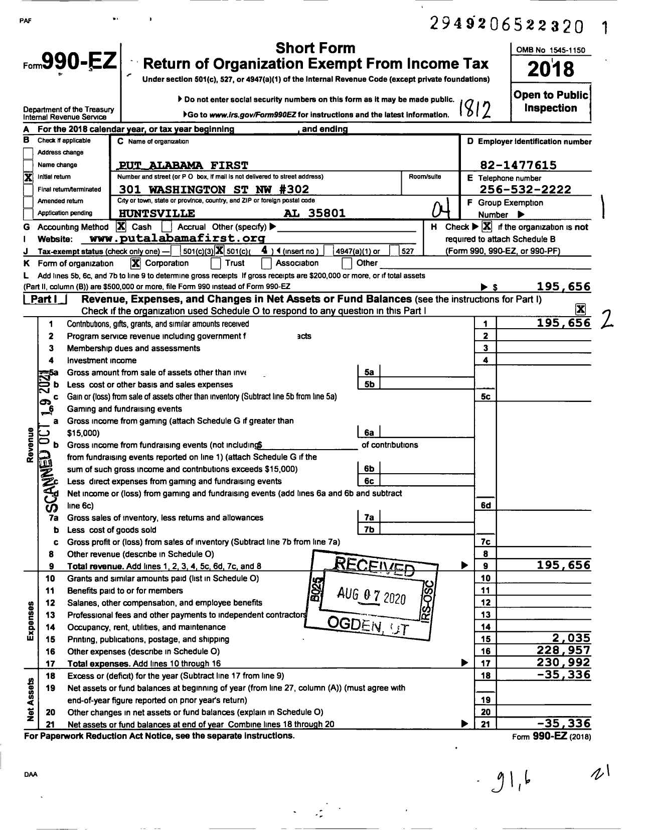 Image of first page of 2018 Form 990EO for Put Alabama First