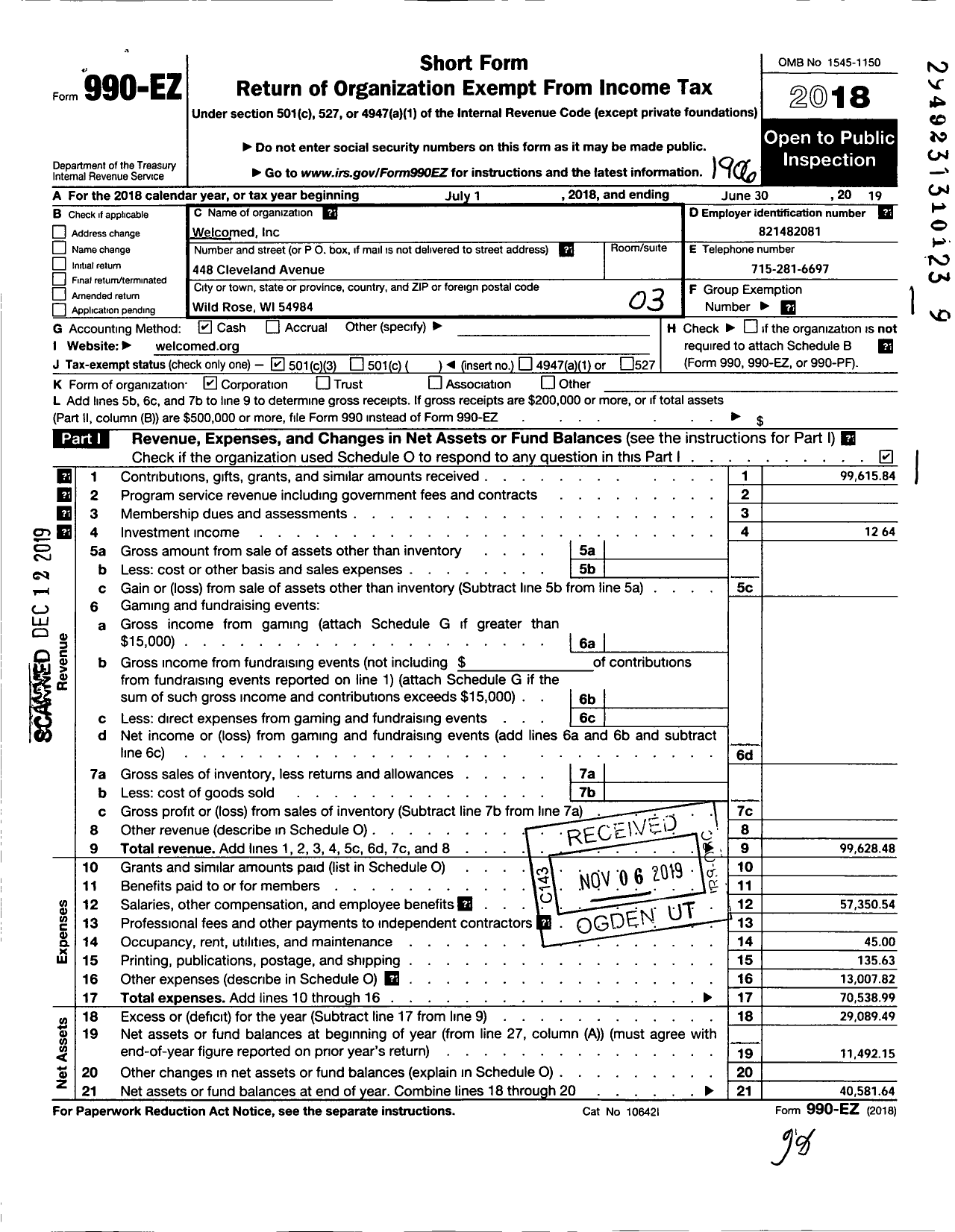 Image of first page of 2018 Form 990EZ for Welcomed