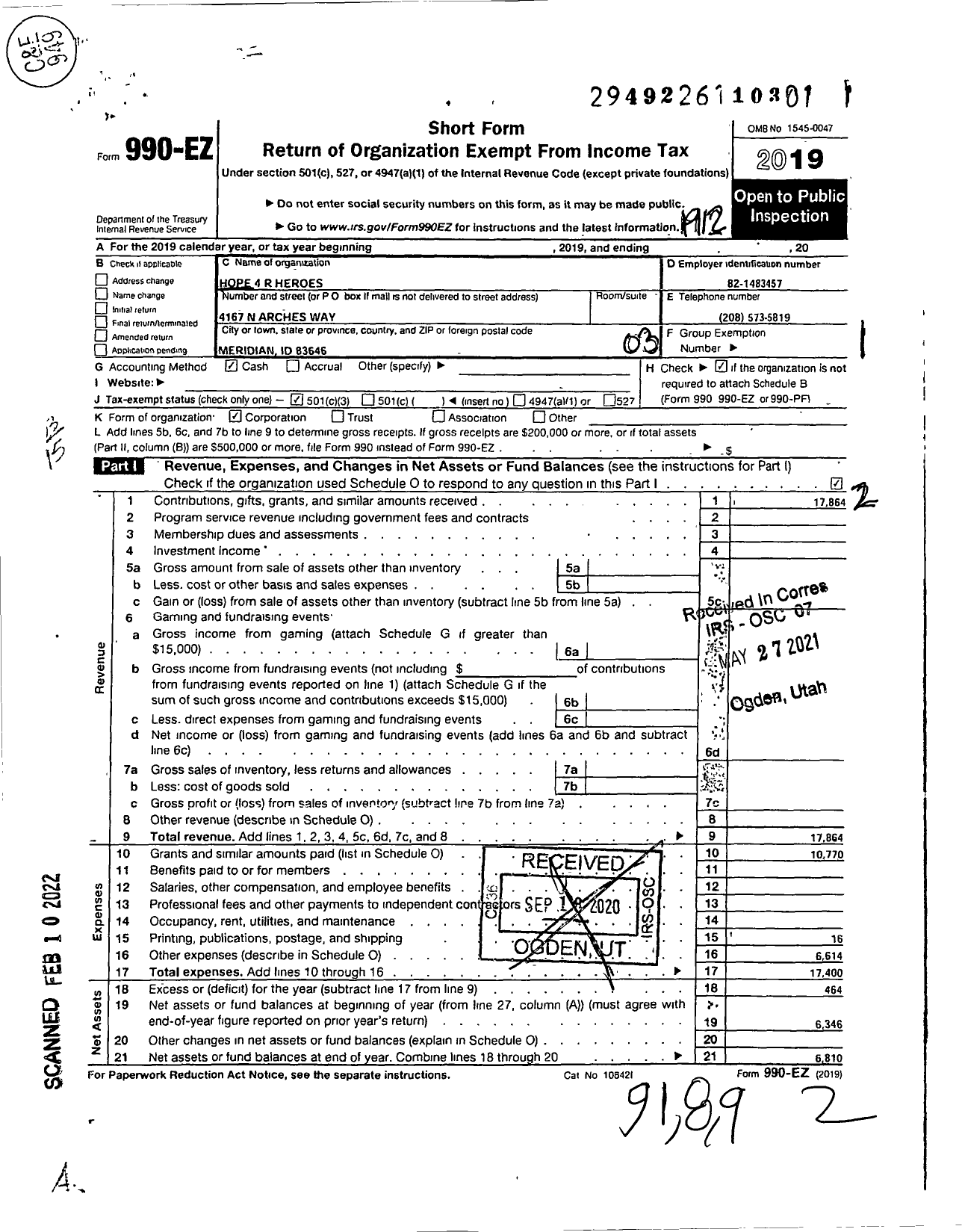 Image of first page of 2019 Form 990EZ for Hope 4 R Heroes