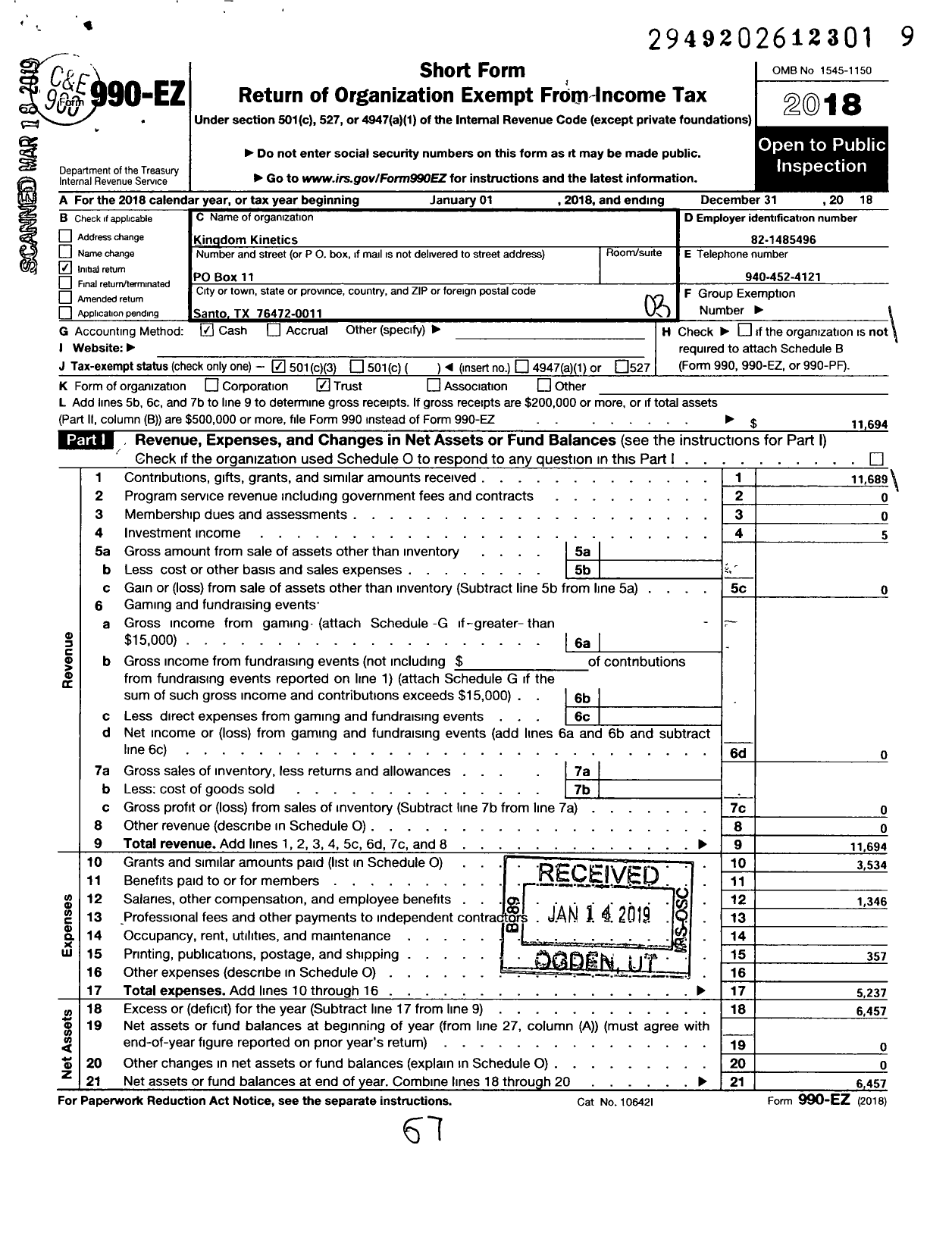 Image of first page of 2018 Form 990EZ for Kingdom Kinetics