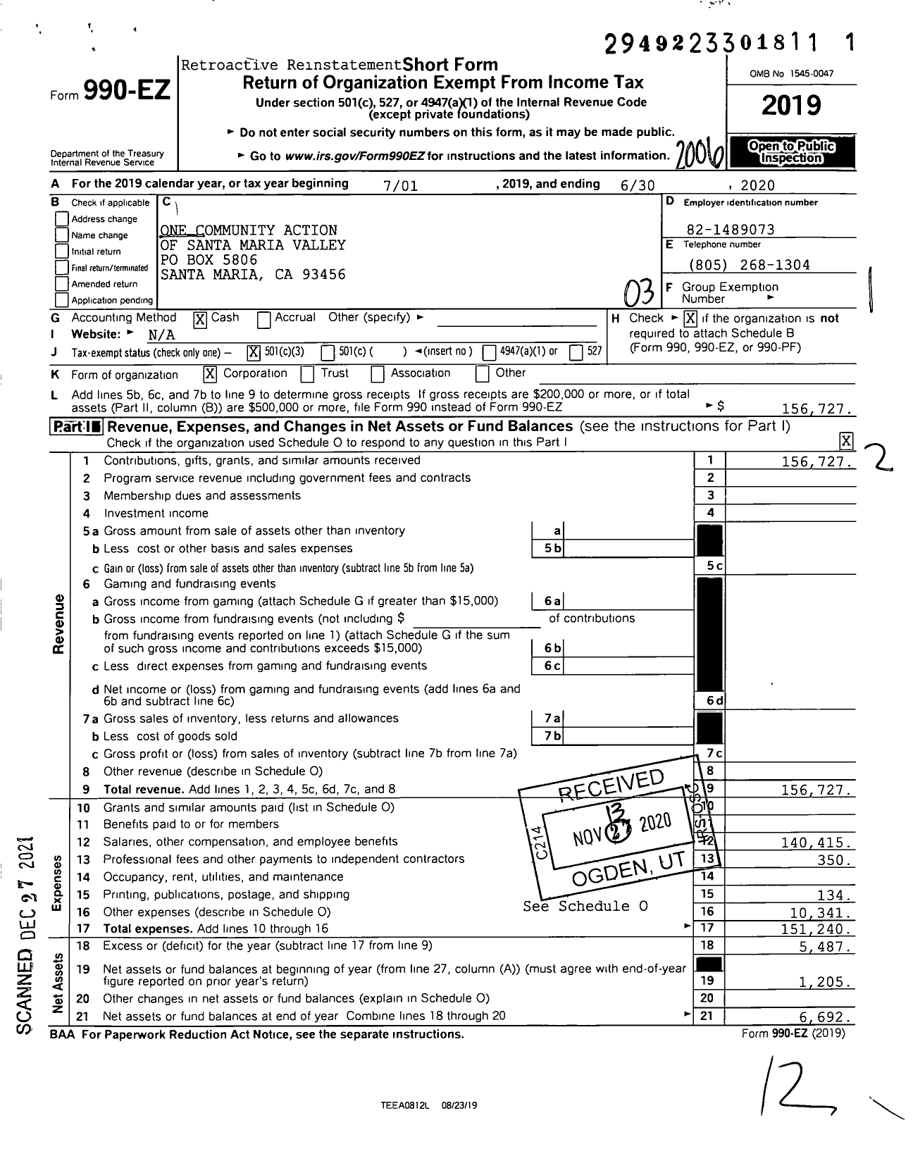 Image of first page of 2019 Form 990EZ for One Community Action of Santa Maria Valley