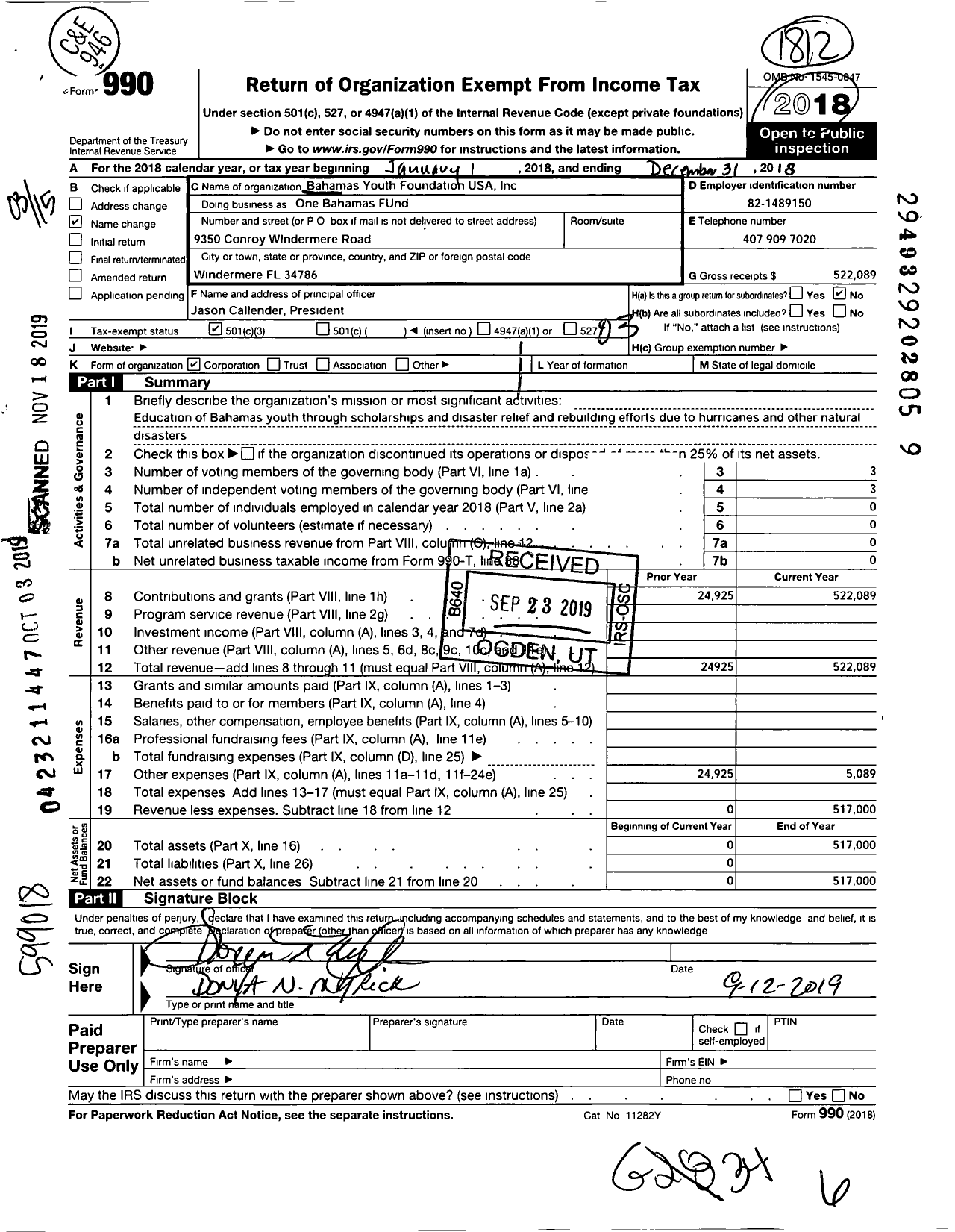 Image of first page of 2018 Form 990 for One Bahamas Fund