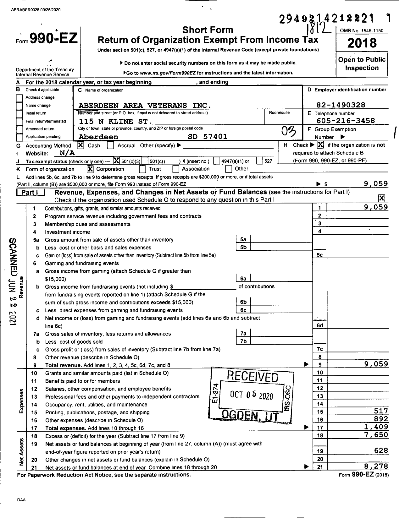 Image of first page of 2018 Form 990EZ for Aberdeen Area Veterans