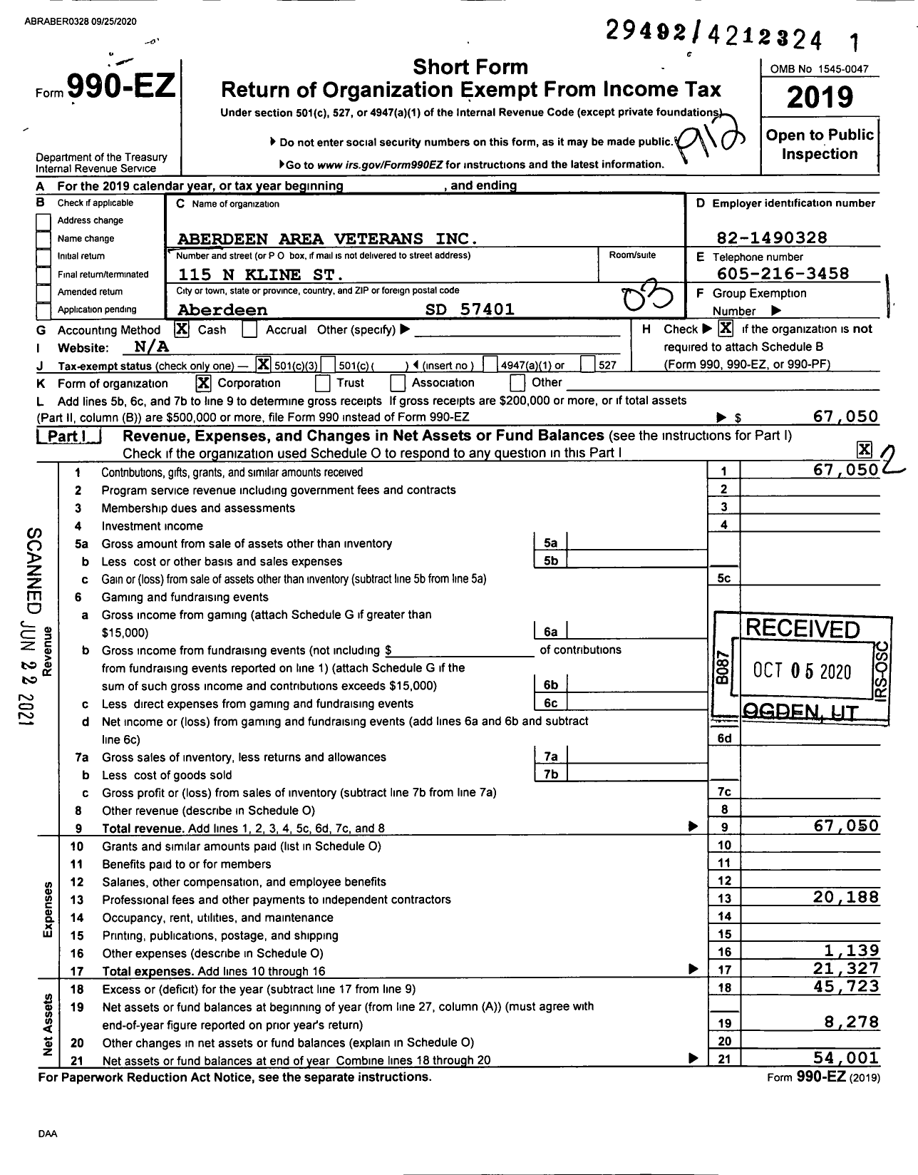 Image of first page of 2019 Form 990EZ for Aberdeen Area Veterans