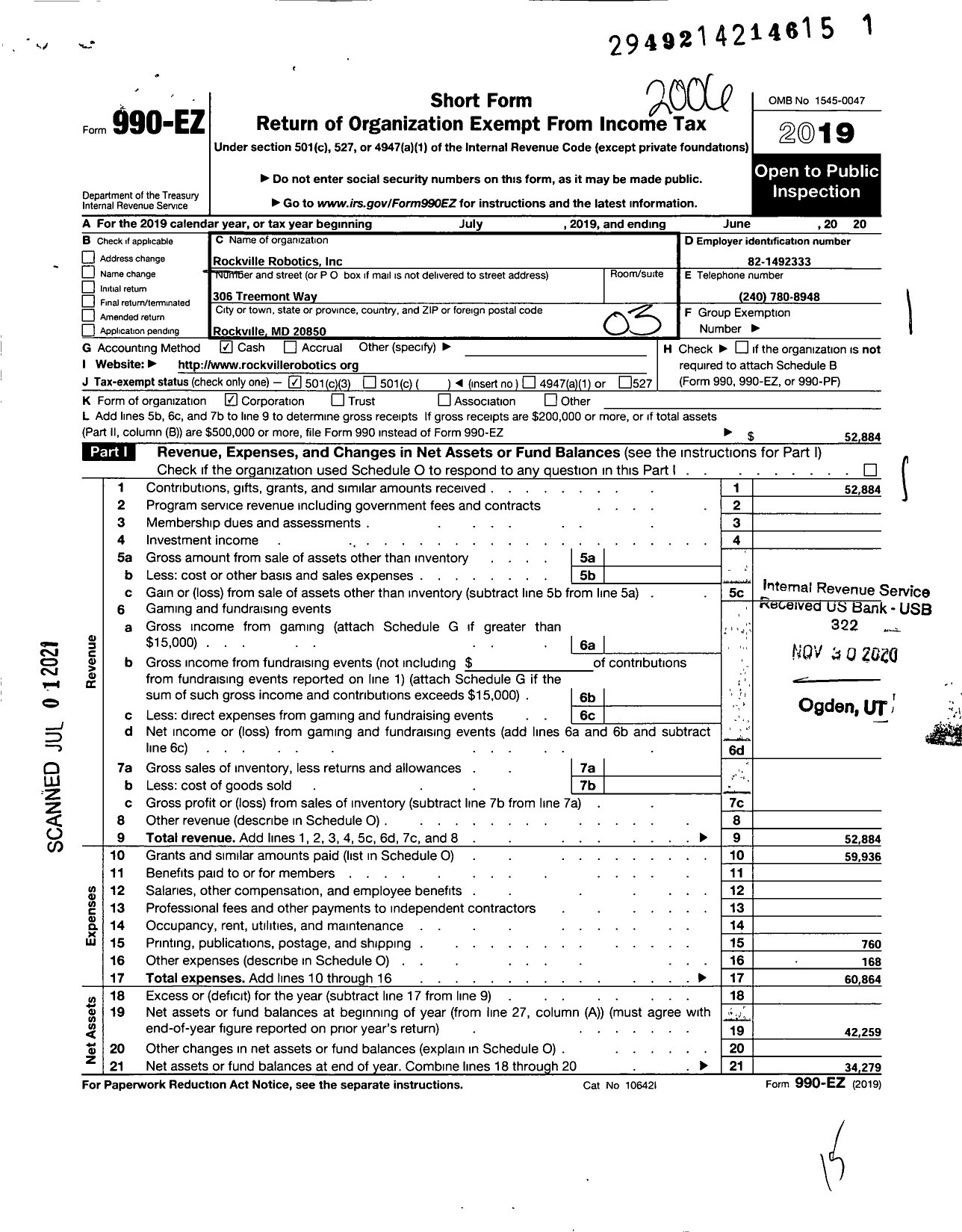 Image of first page of 2019 Form 990EZ for Rockville Robotics