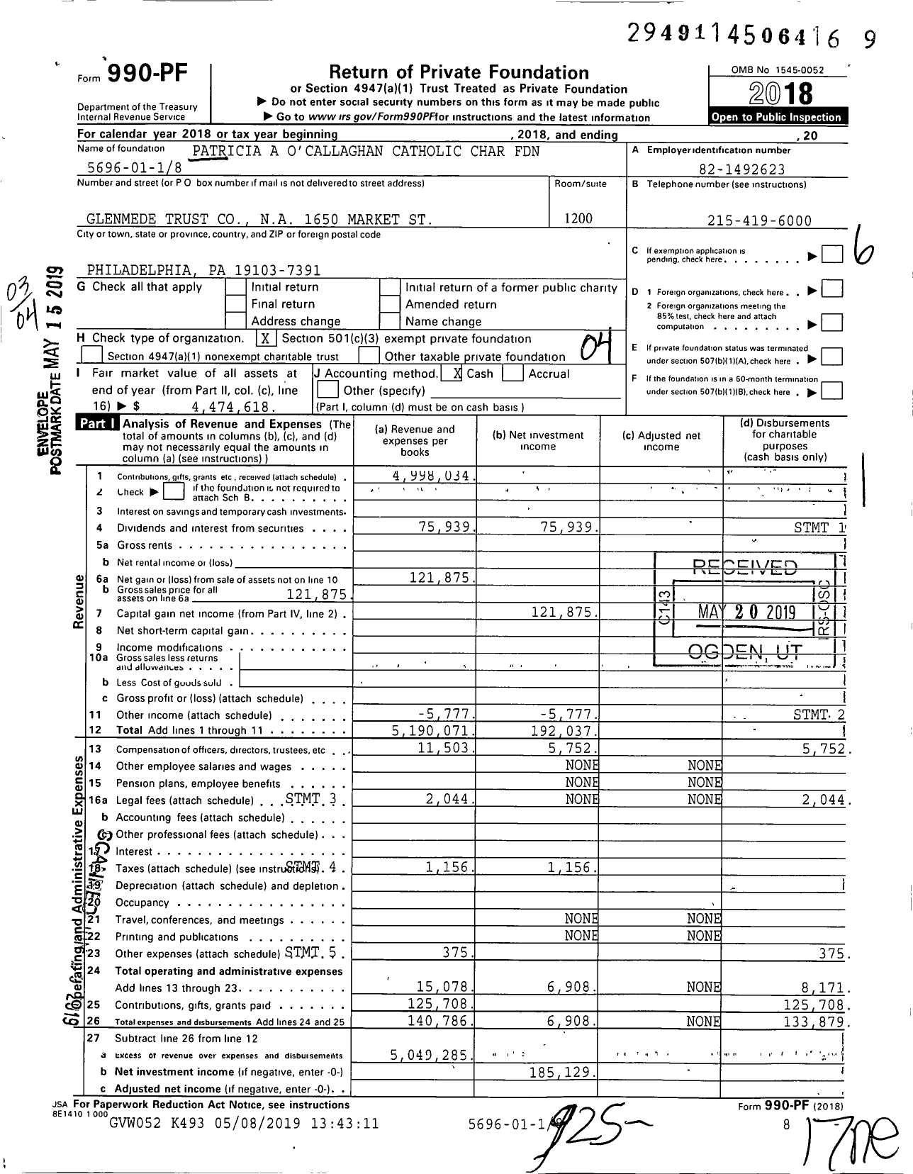 Image of first page of 2018 Form 990PF for Patricia A O'Callaghan Catholic Char Foundation