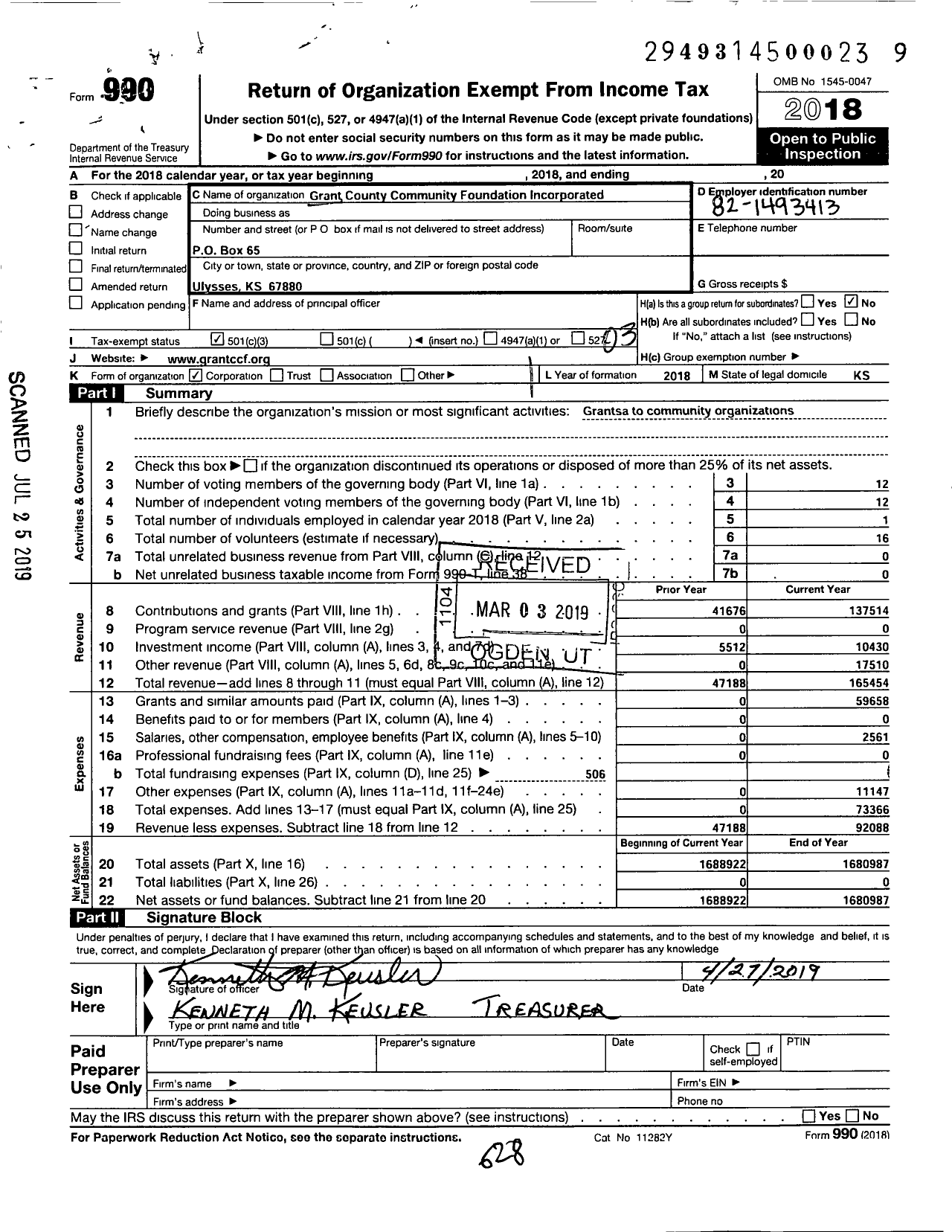 Image of first page of 2018 Form 990 for Grant County Community Foundation Incorporated