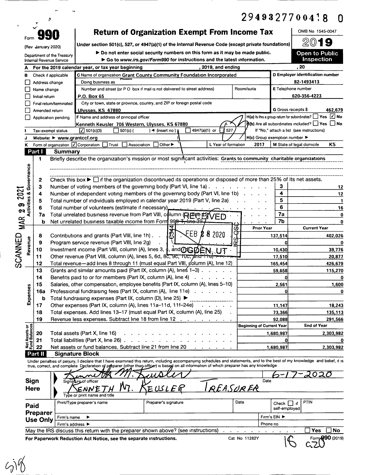 Image of first page of 2019 Form 990 for Grant County Community Foundation Incorporated