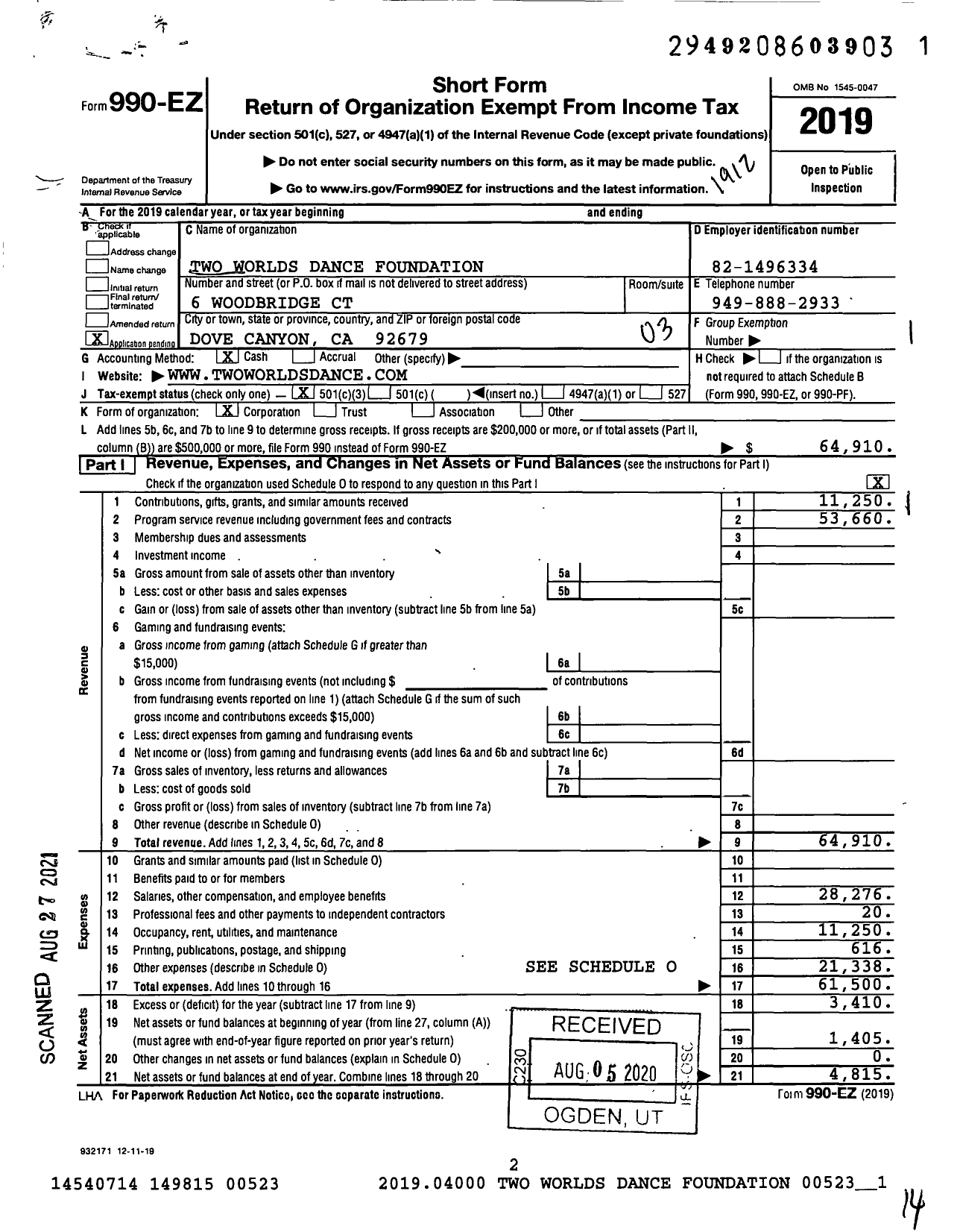 Image of first page of 2019 Form 990EZ for Two Worlds Dance Foundation