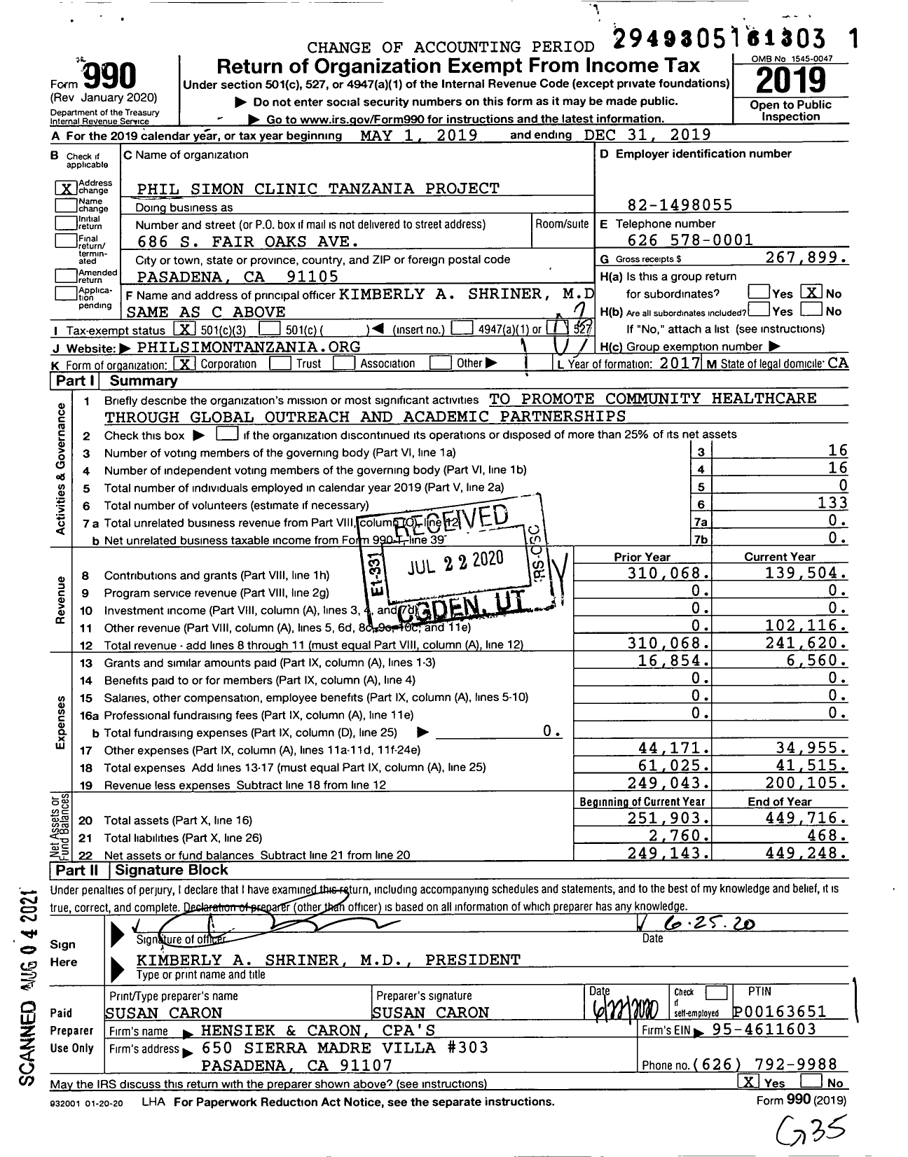 Image of first page of 2019 Form 990 for Phil Simon Clinic Tanzania Project