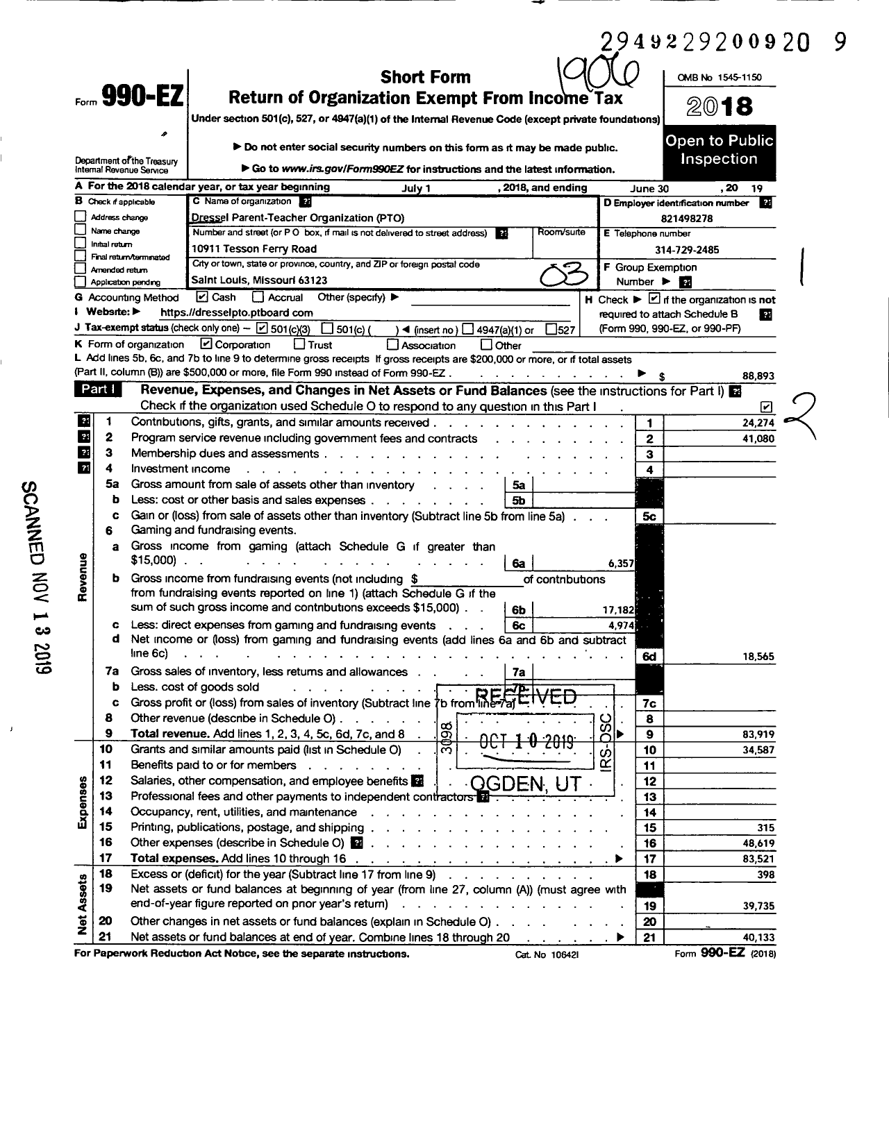 Image of first page of 2018 Form 990EZ for Dressel Pto