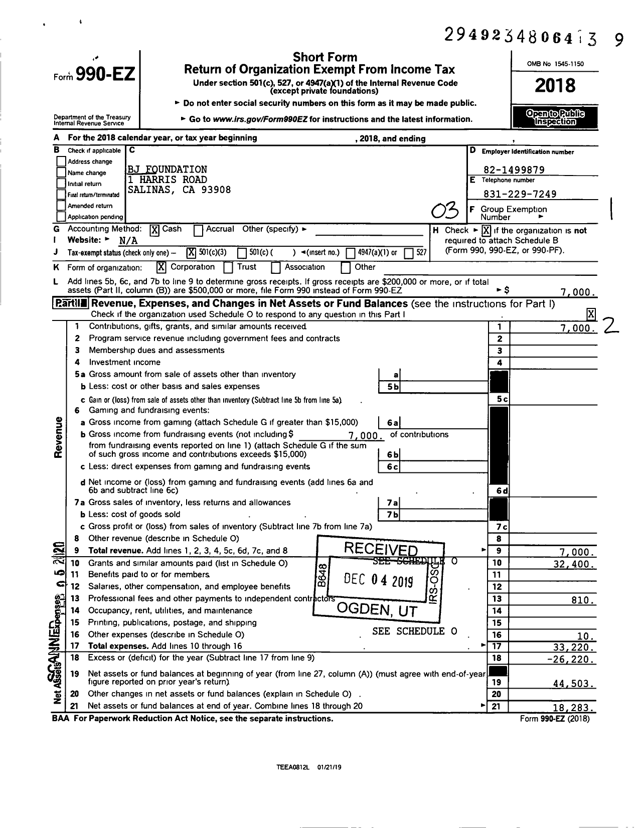 Image of first page of 2018 Form 990EZ for BJ Foundation