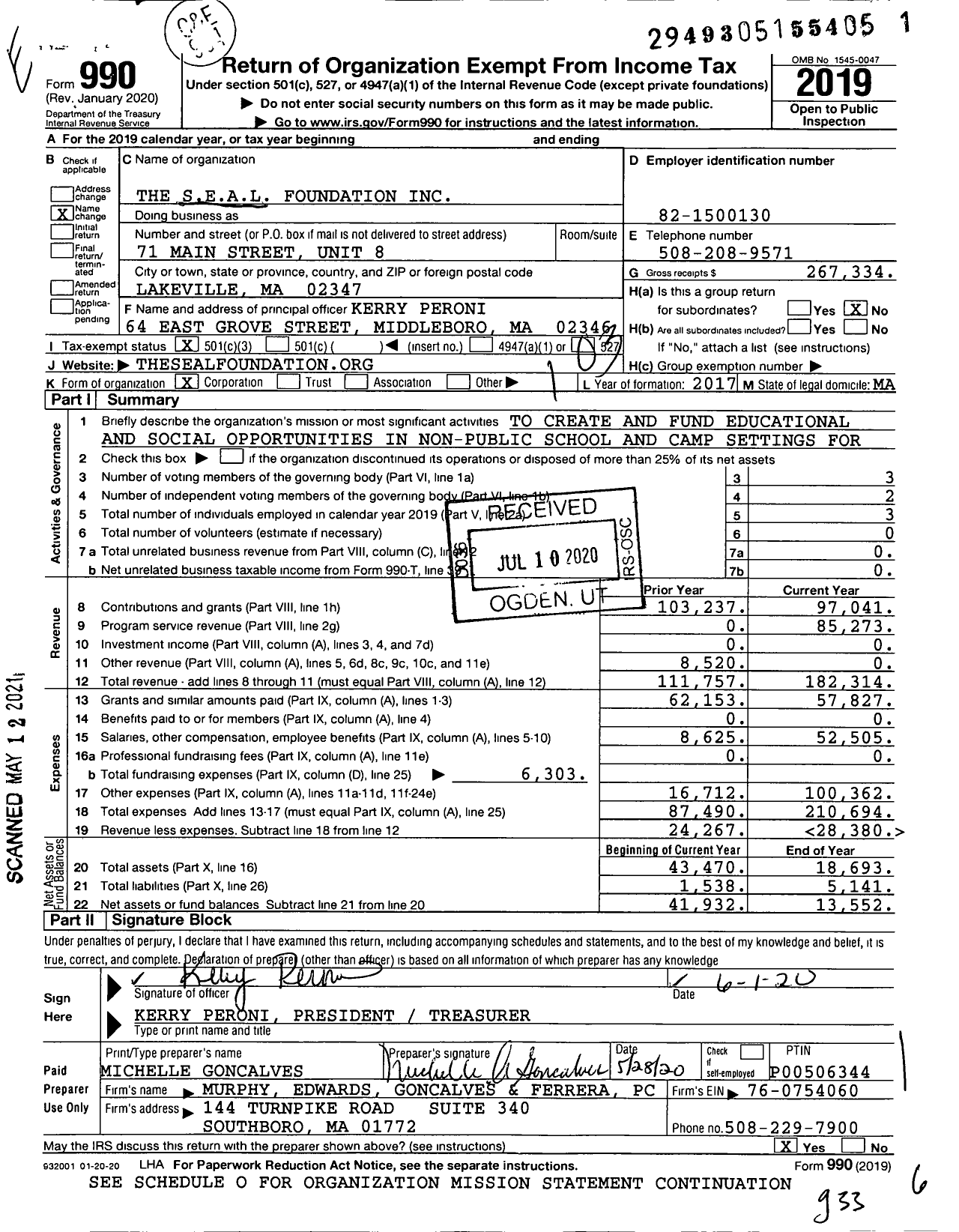 Image of first page of 2019 Form 990 for The Seal Foundation