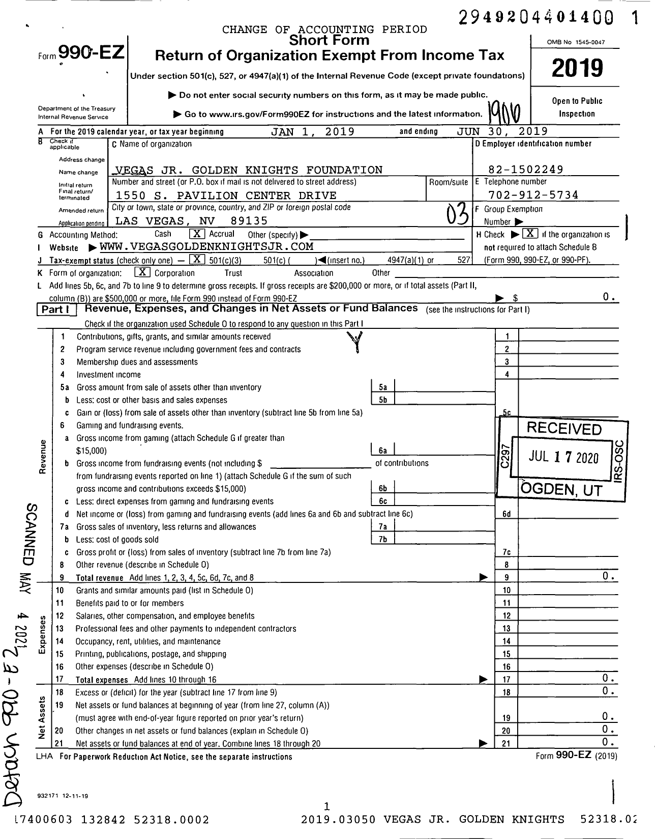 Image of first page of 2018 Form 990EZ for Vegas Junior Golden Knights Foundation