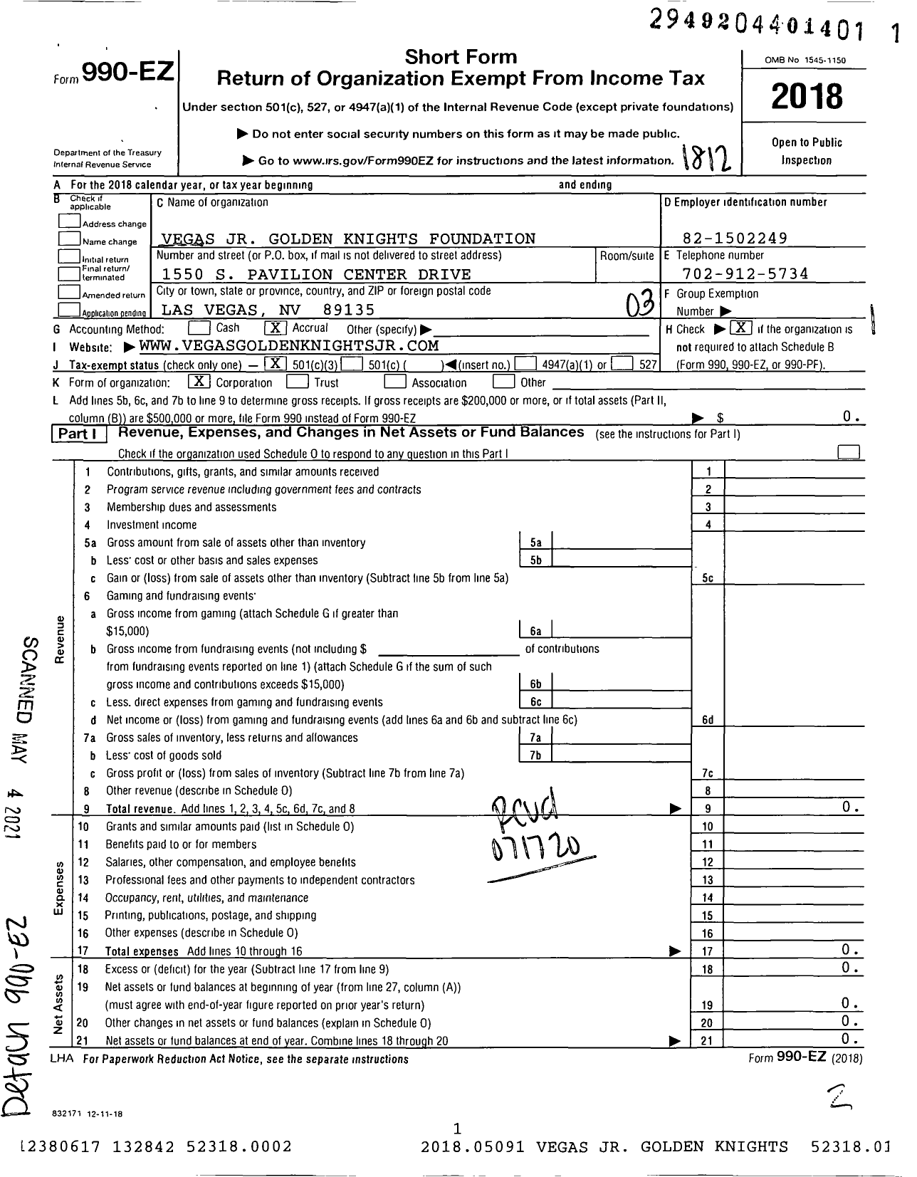 Image of first page of 2018 Form 990EZ for Vegas Junior Golden Knights Foundation