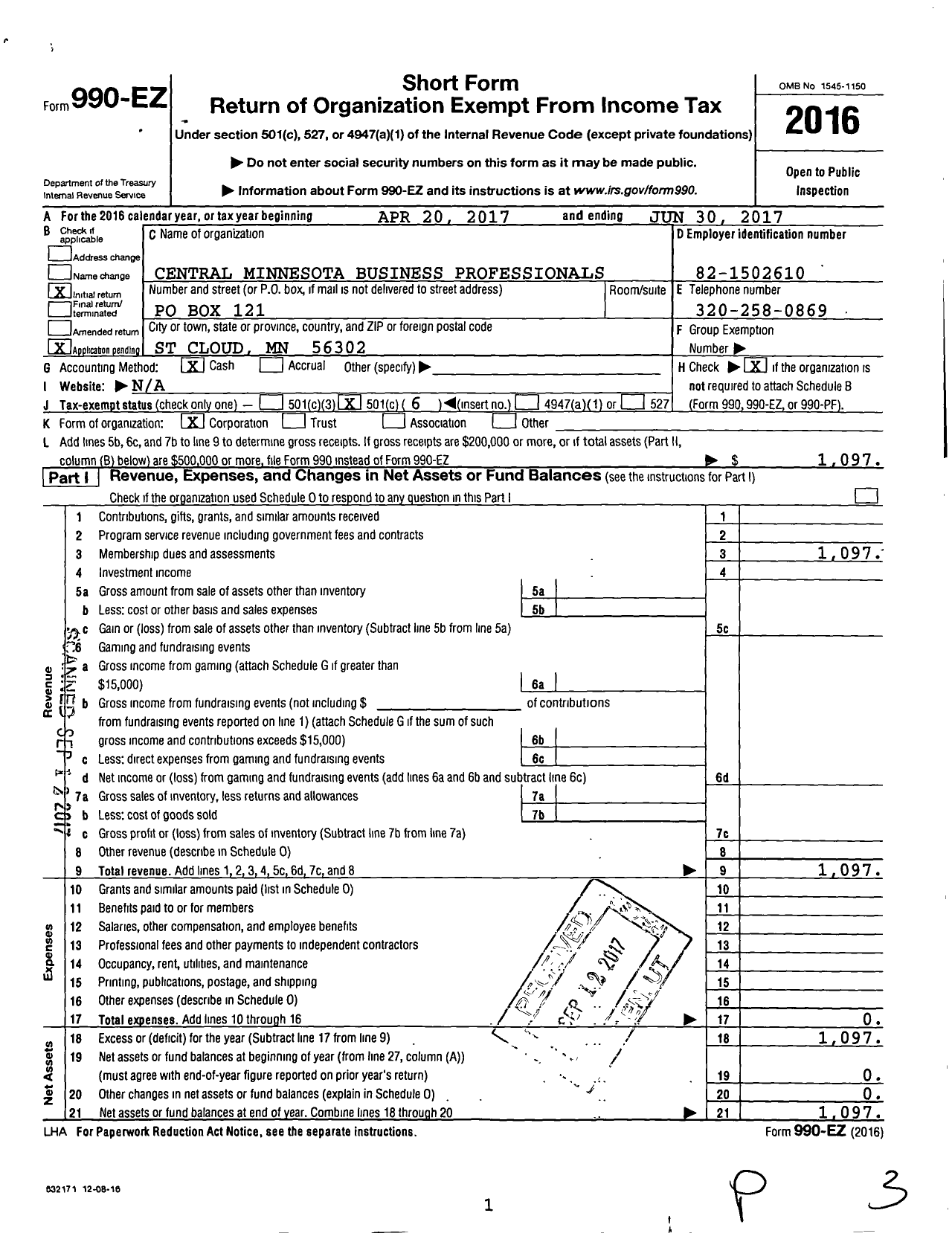 Image of first page of 2016 Form 990EO for Central Minnesota Business Professionals