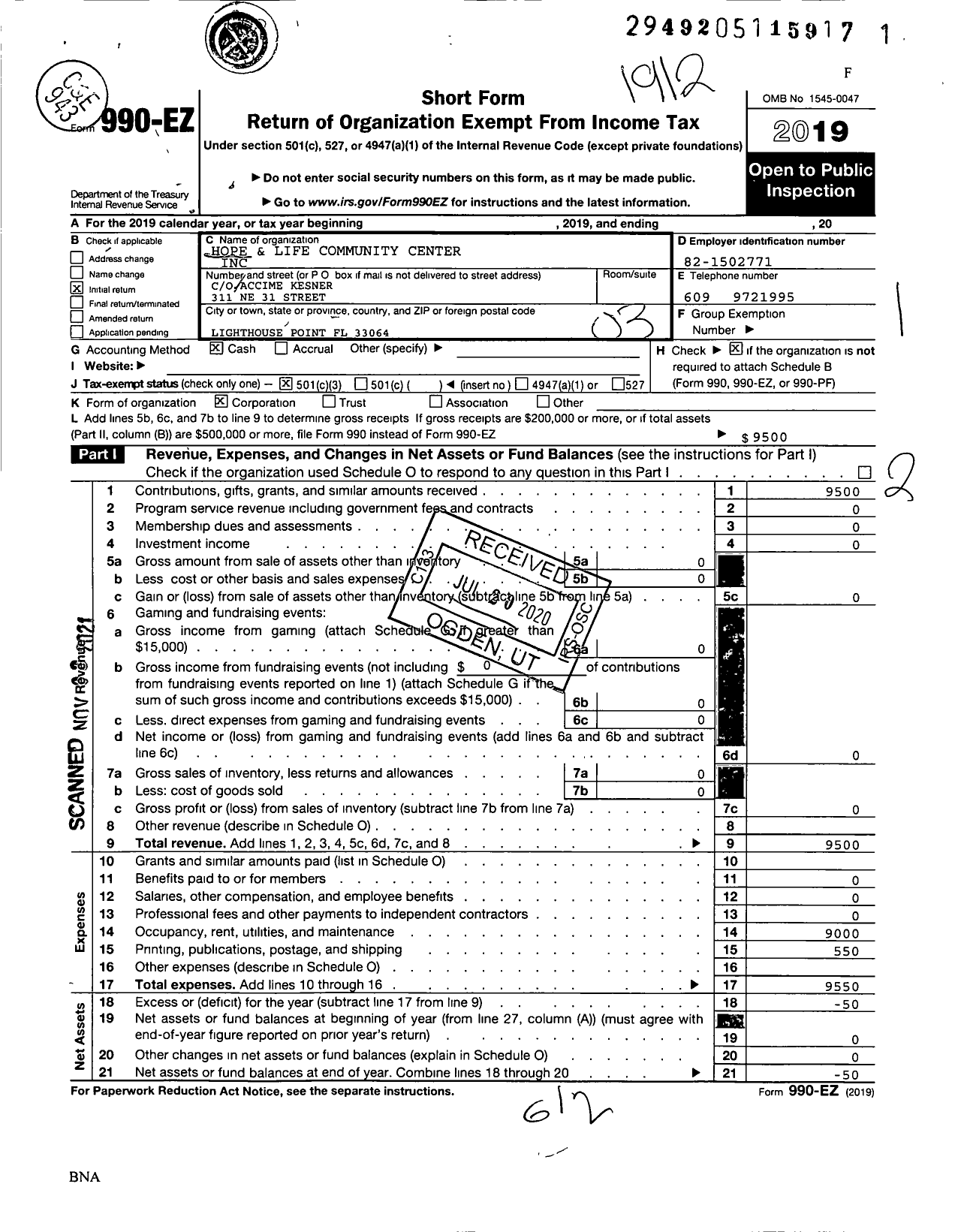 Image of first page of 2019 Form 990EZ for Hope and Life Community Center