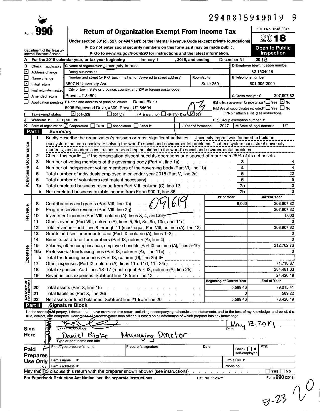 Image of first page of 2018 Form 990 for University Impact