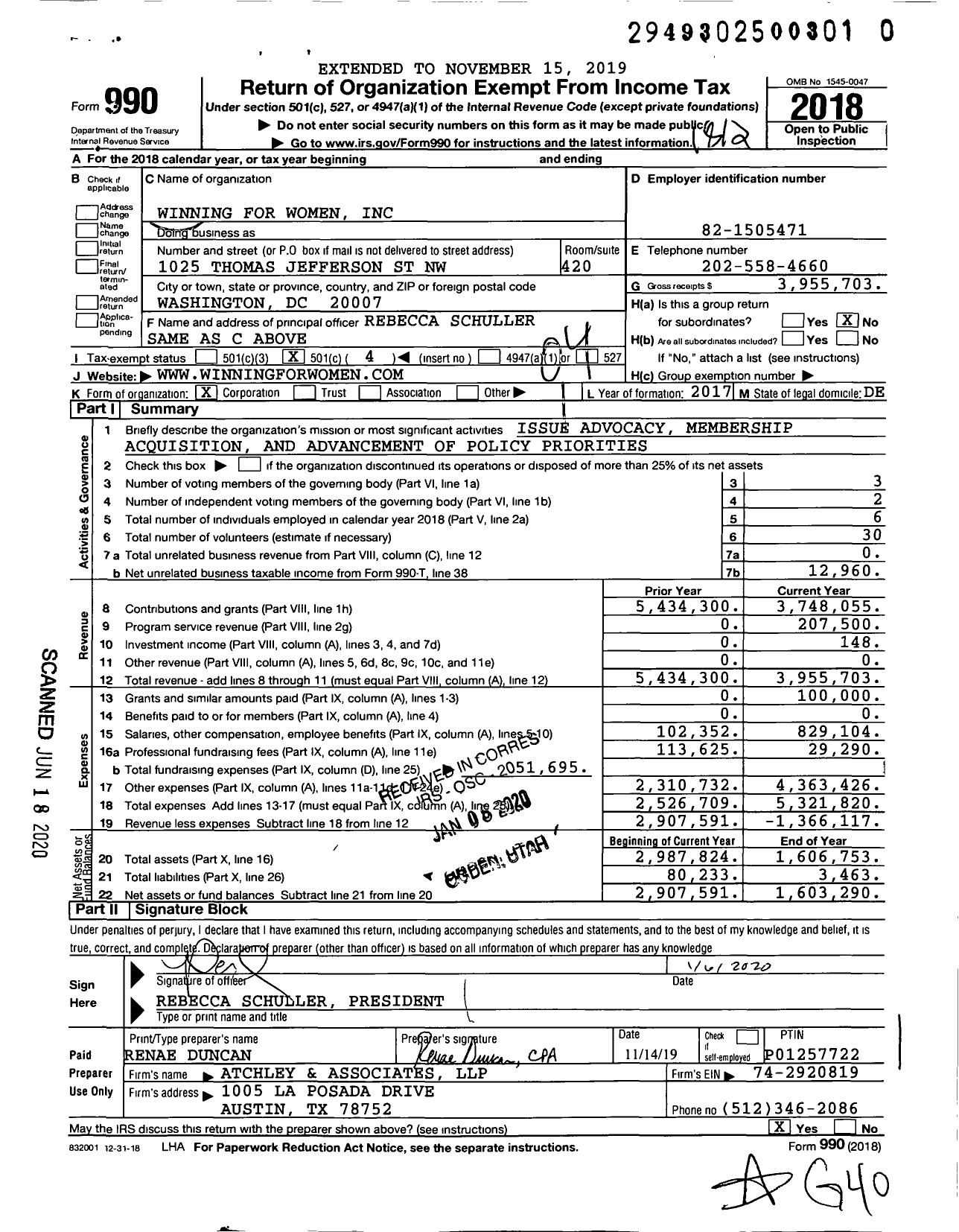 Image of first page of 2018 Form 990O for Winning for Women