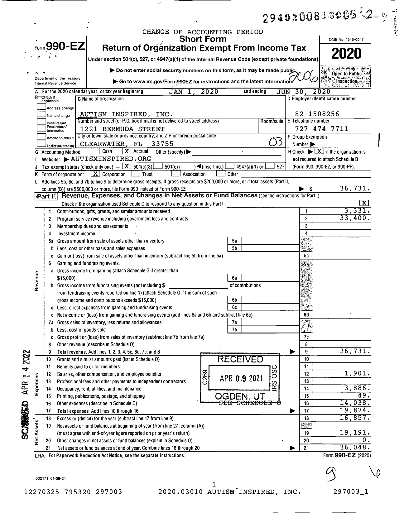 Image of first page of 2019 Form 990EZ for Autism Inspired