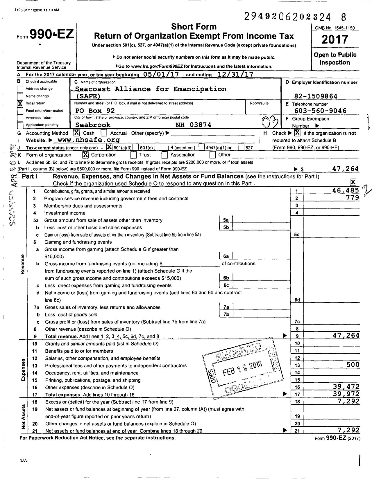 Image of first page of 2017 Form 990EZ for Seacoast Alliance for Emancipation (SAFE)