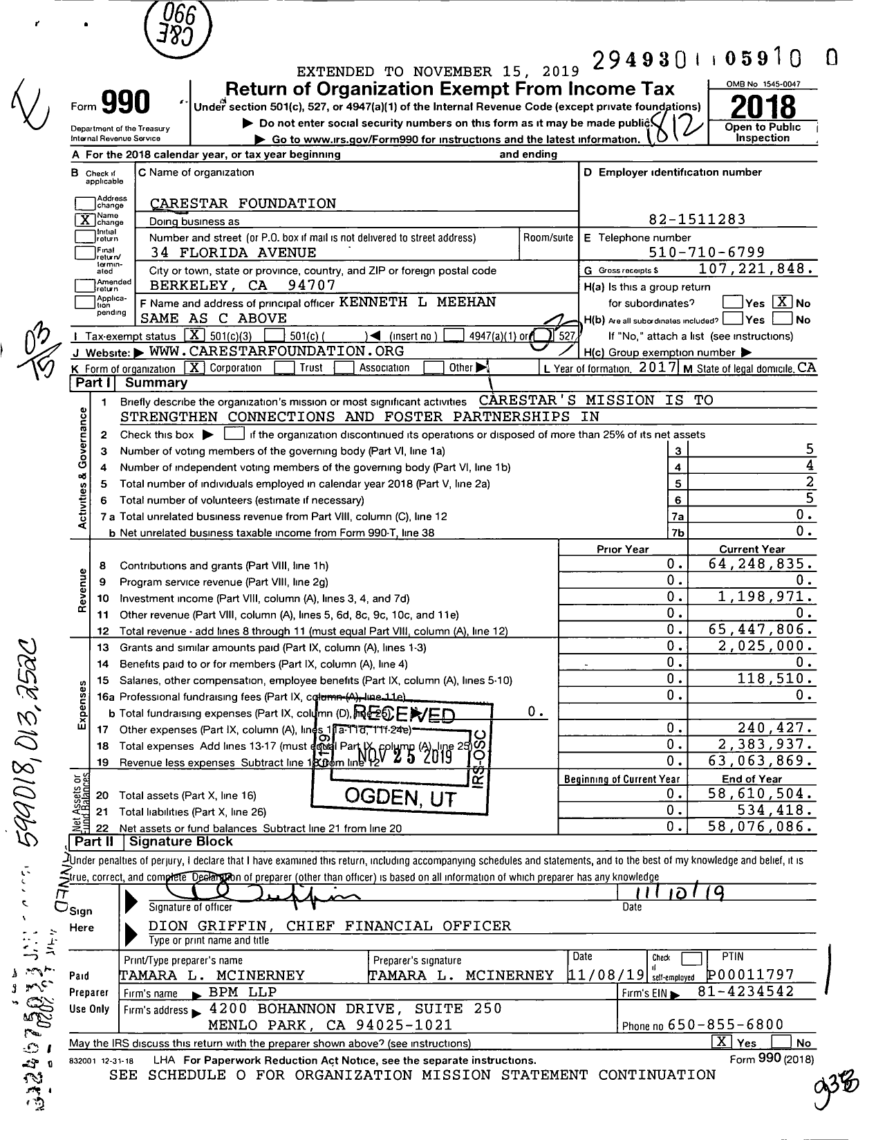 Image of first page of 2018 Form 990 for Carestar Foundation