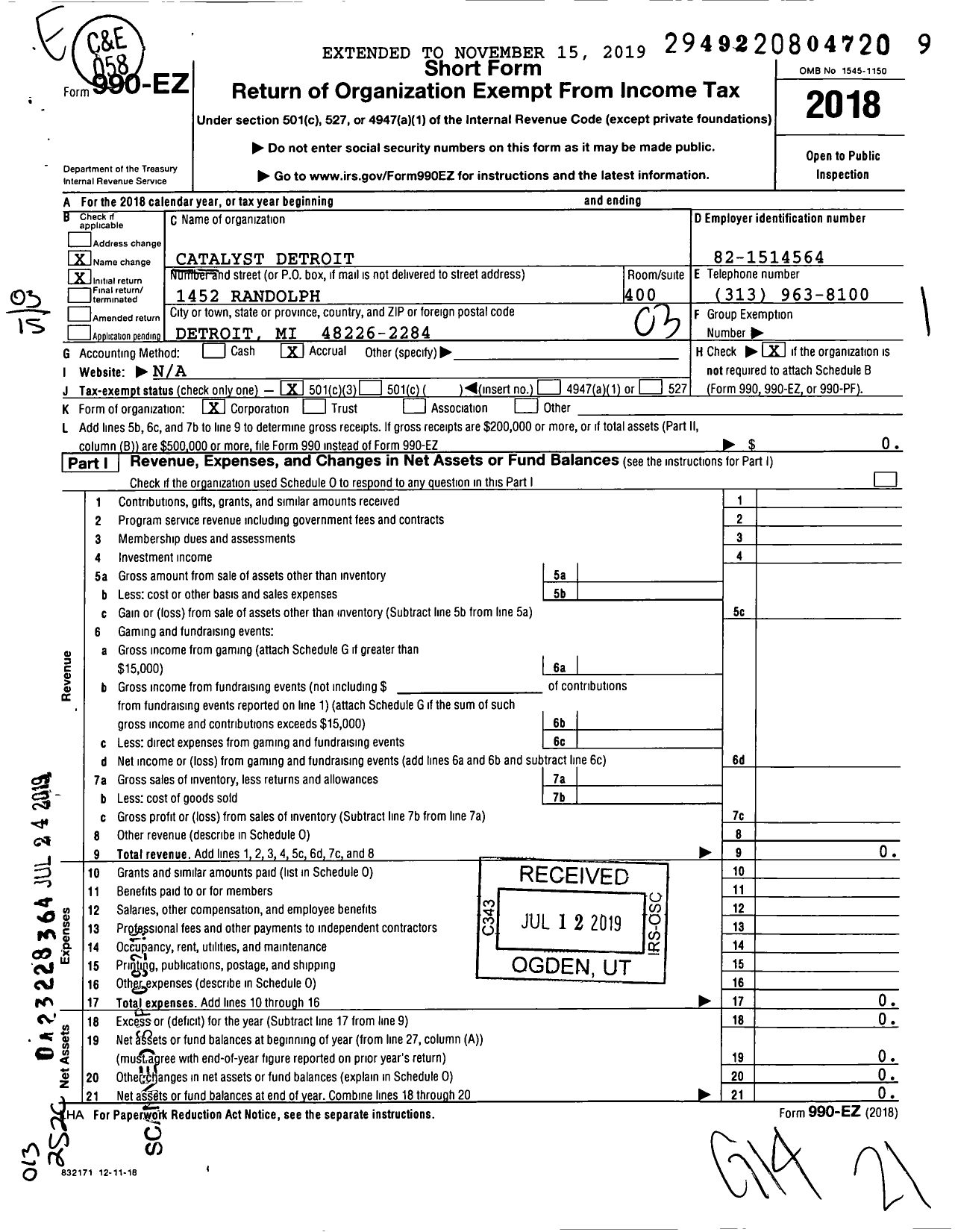 Image of first page of 2018 Form 990EZ for Catalyst Detroit