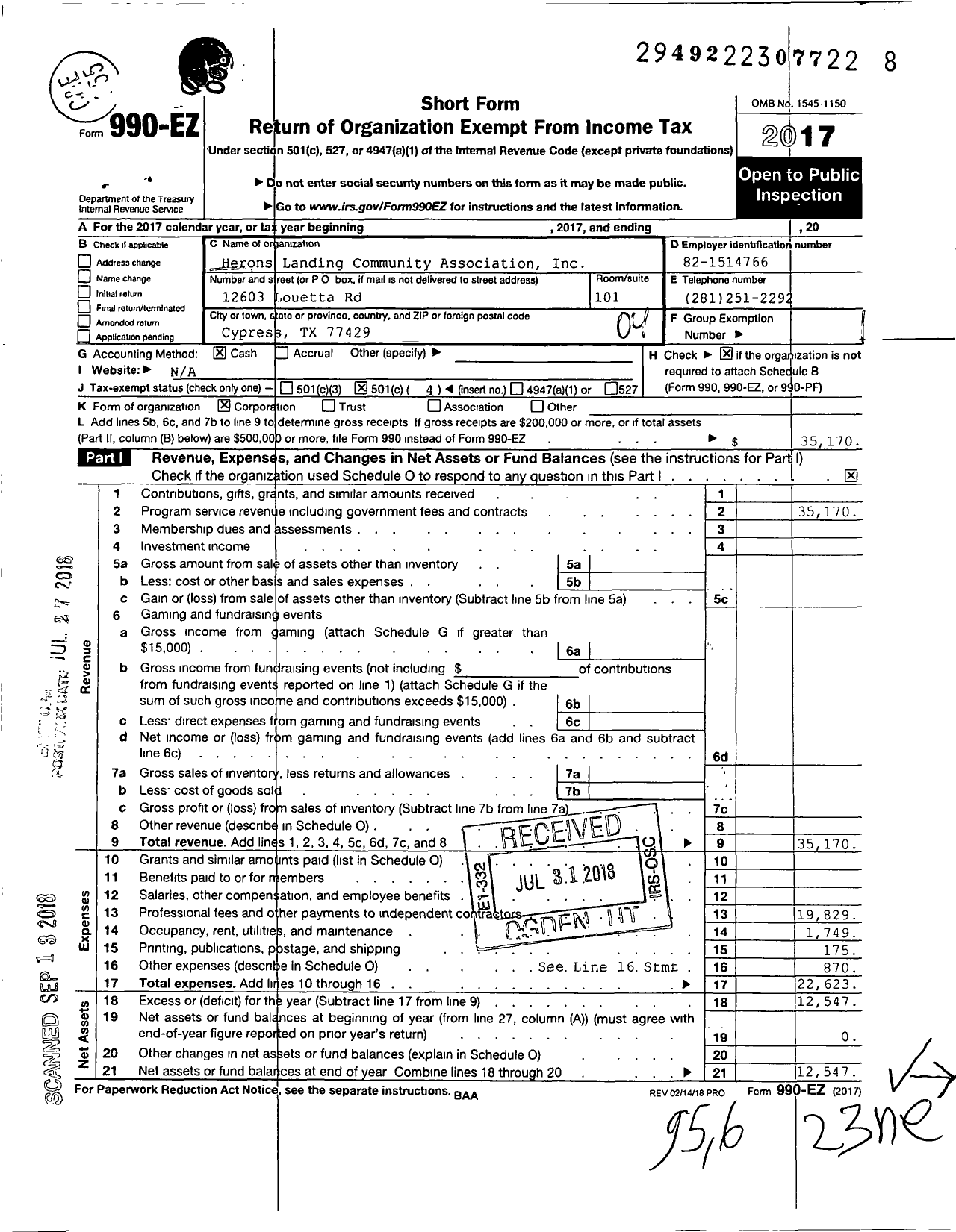 Image of first page of 2017 Form 990EO for Herons Landing Community Association