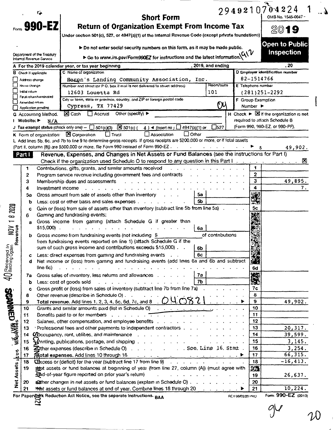 Image of first page of 2019 Form 990EO for Herons Landing Community Association