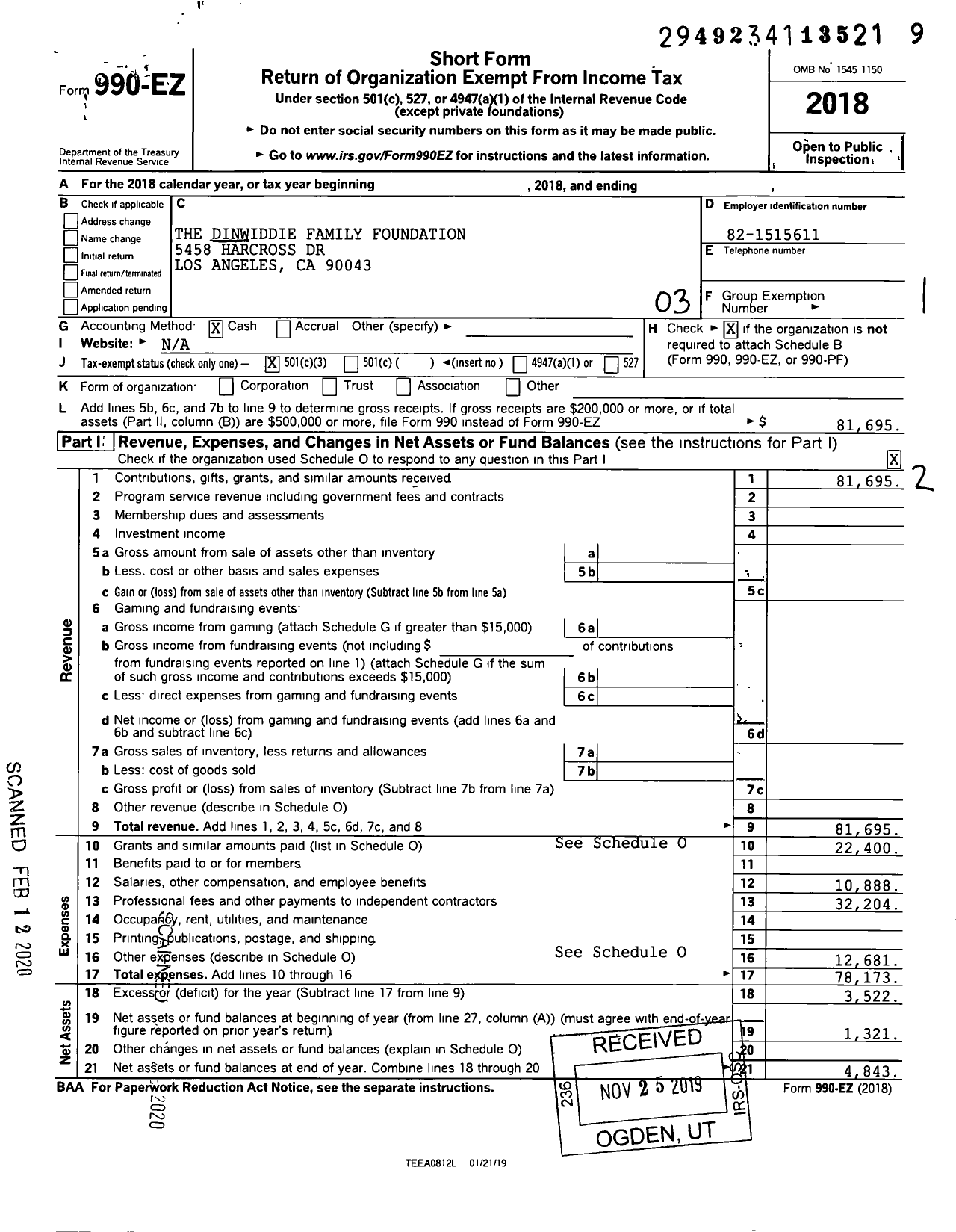 Image of first page of 2018 Form 990EZ for The Dinwiddie Family Foundation