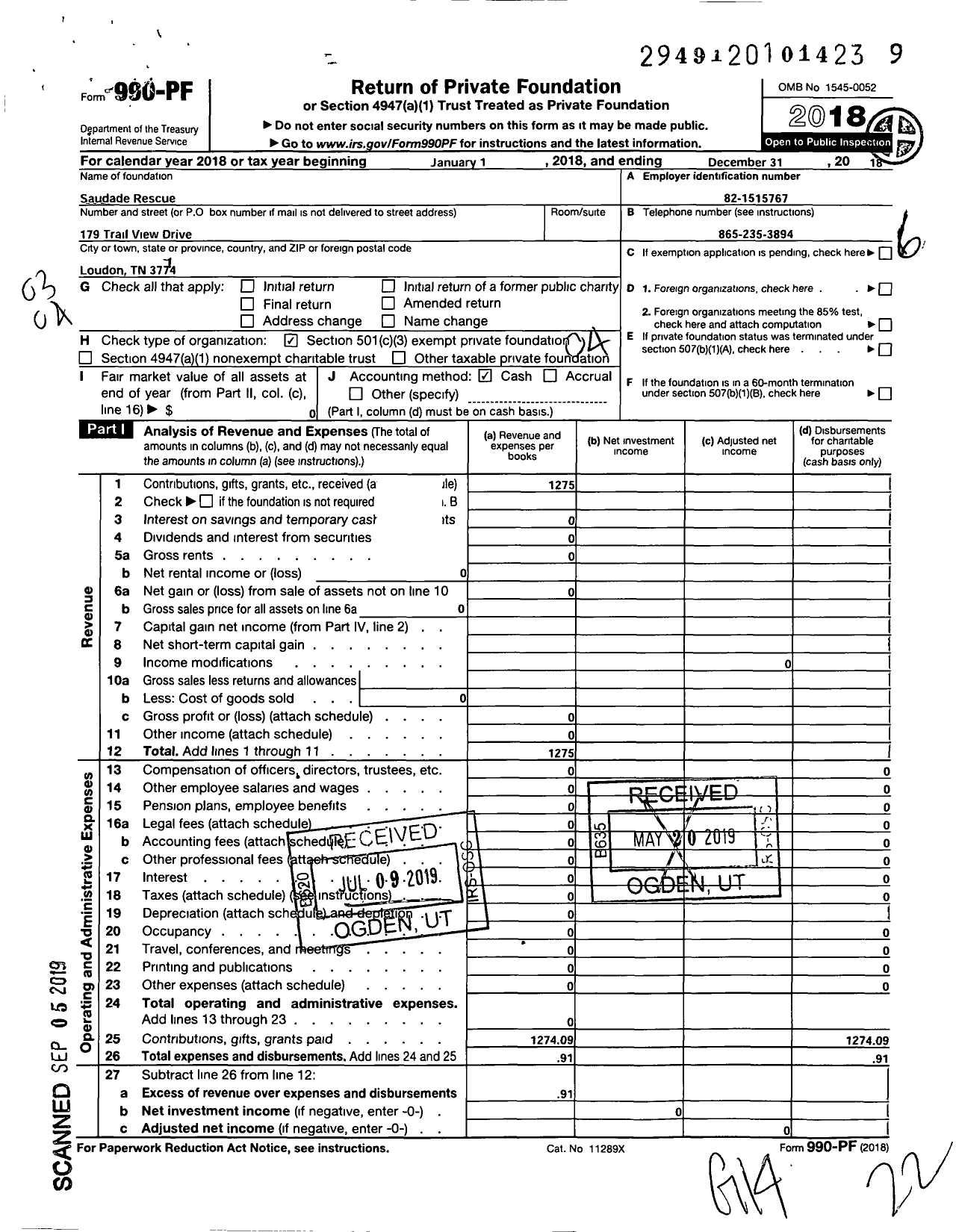 Image of first page of 2018 Form 990PF for Saudade Rescue