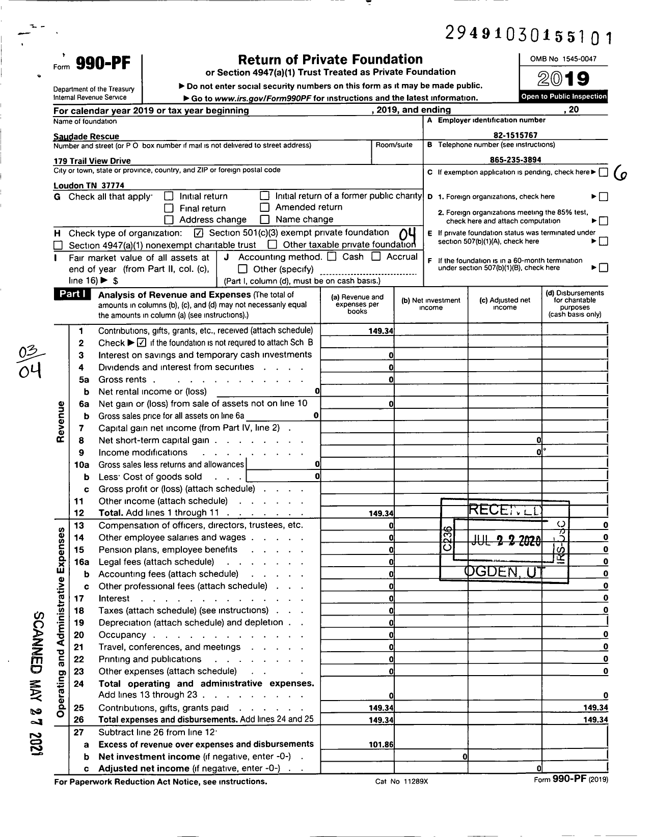 Image of first page of 2019 Form 990PF for Saudade Rescue