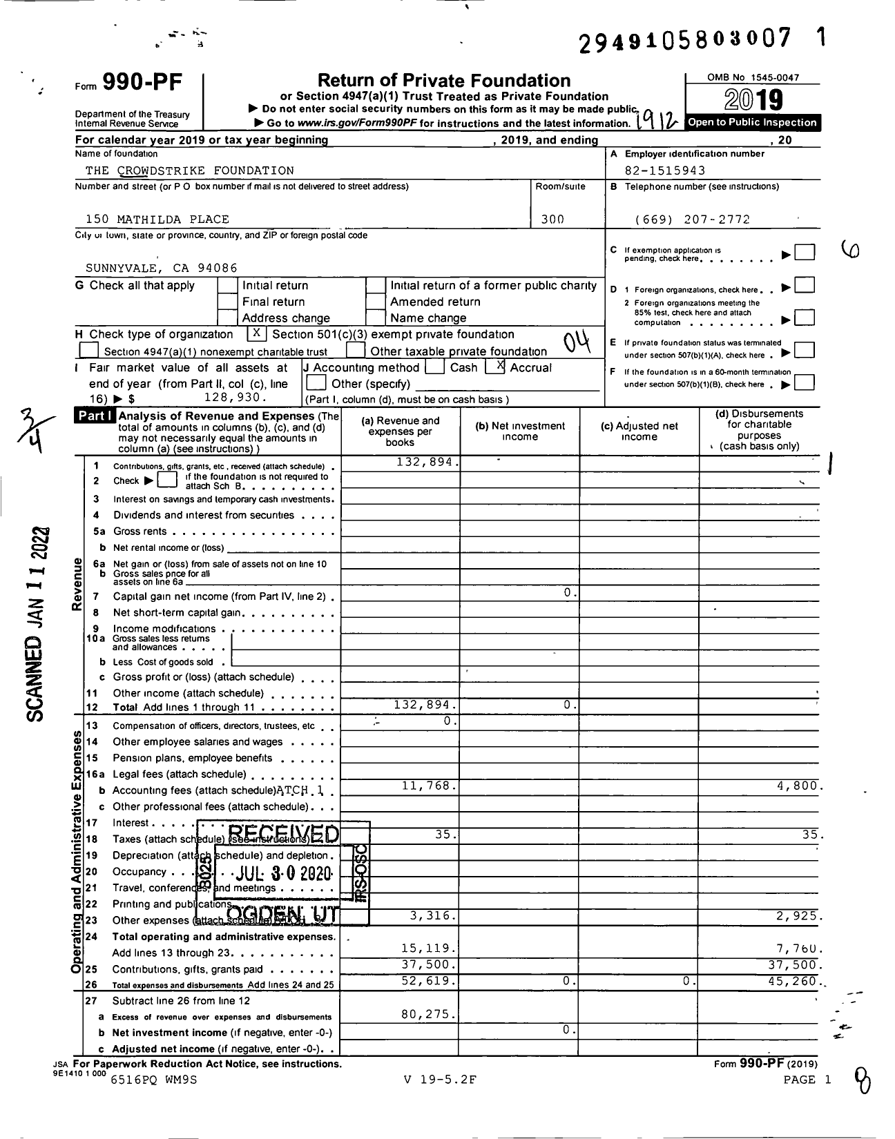 Image of first page of 2019 Form 990PF for The Crowdstrike Foundation