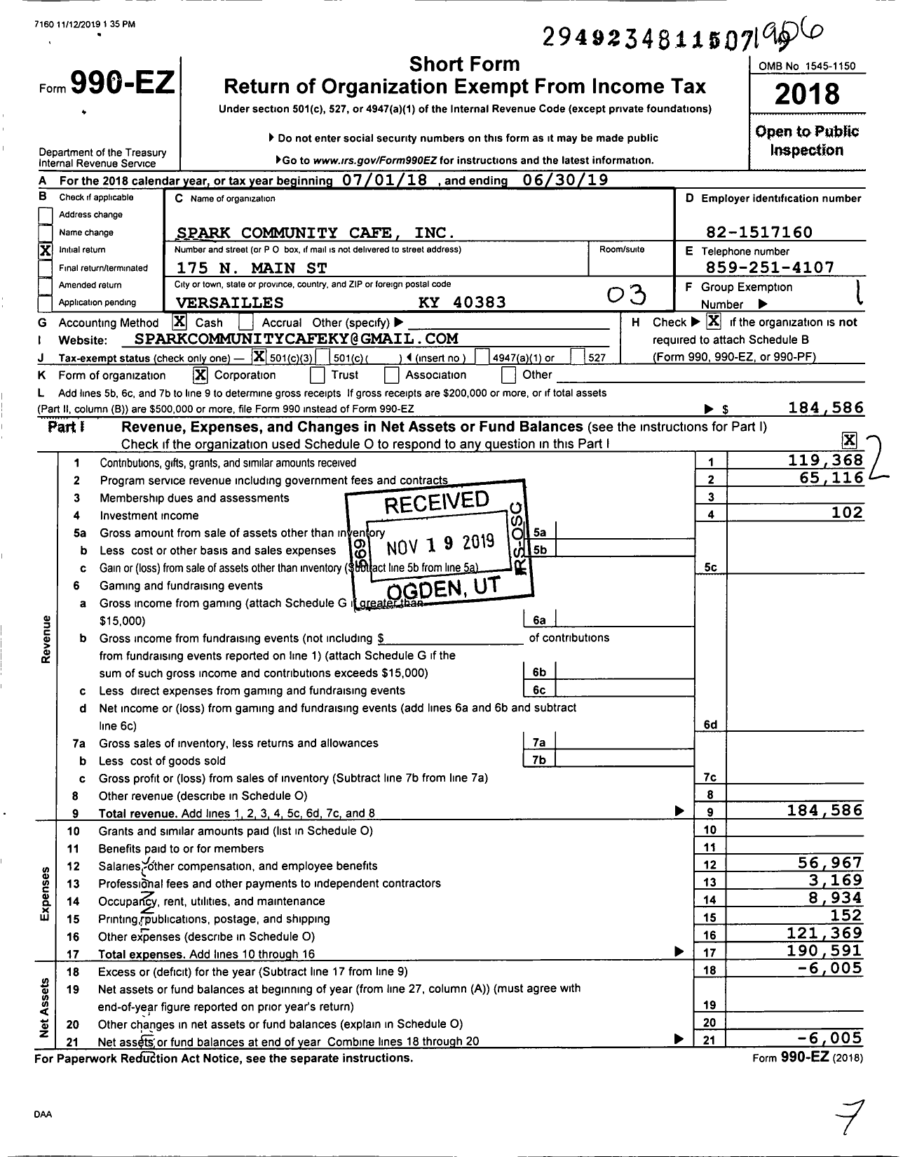 Image of first page of 2018 Form 990EZ for Spark Community Cafe