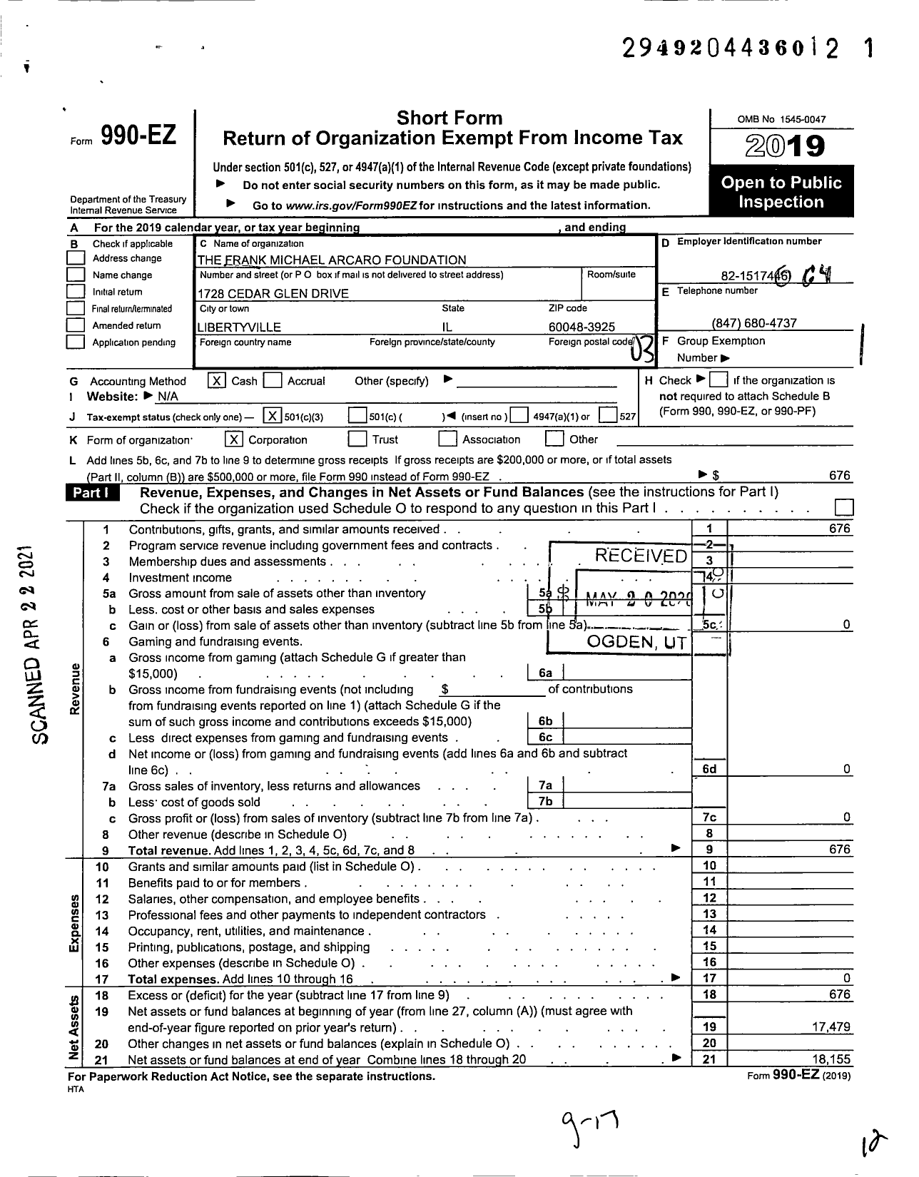 Image of first page of 2019 Form 990EZ for The Frank Michael Arcaro Foundation