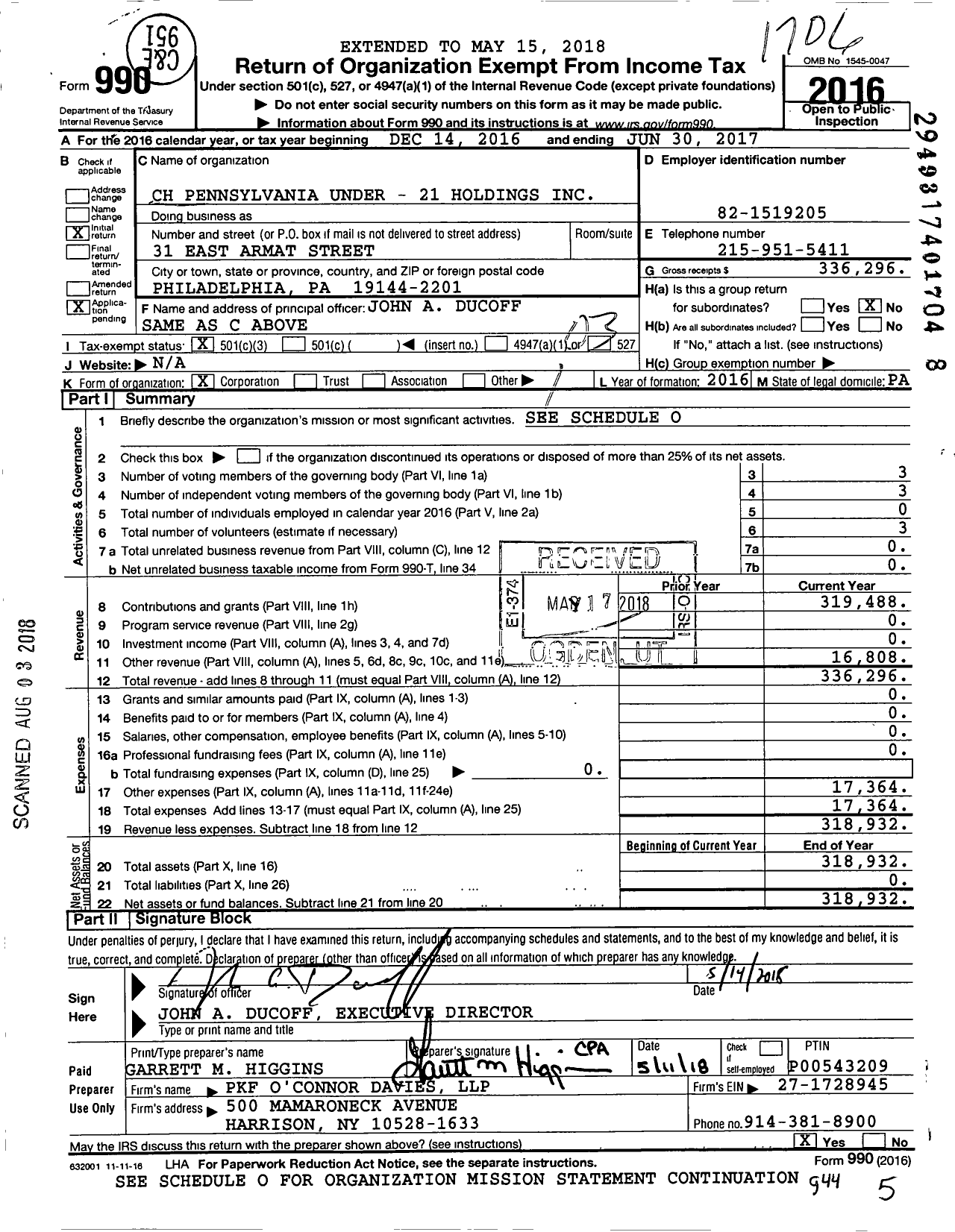 Image of first page of 2016 Form 990 for CH Pennsylvania Under - 21 Holdings