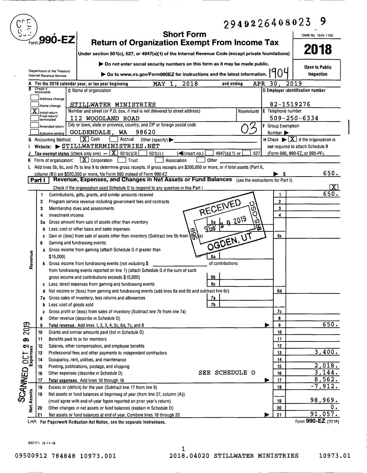 Image of first page of 2018 Form 990EZ for Stillwater Ministries