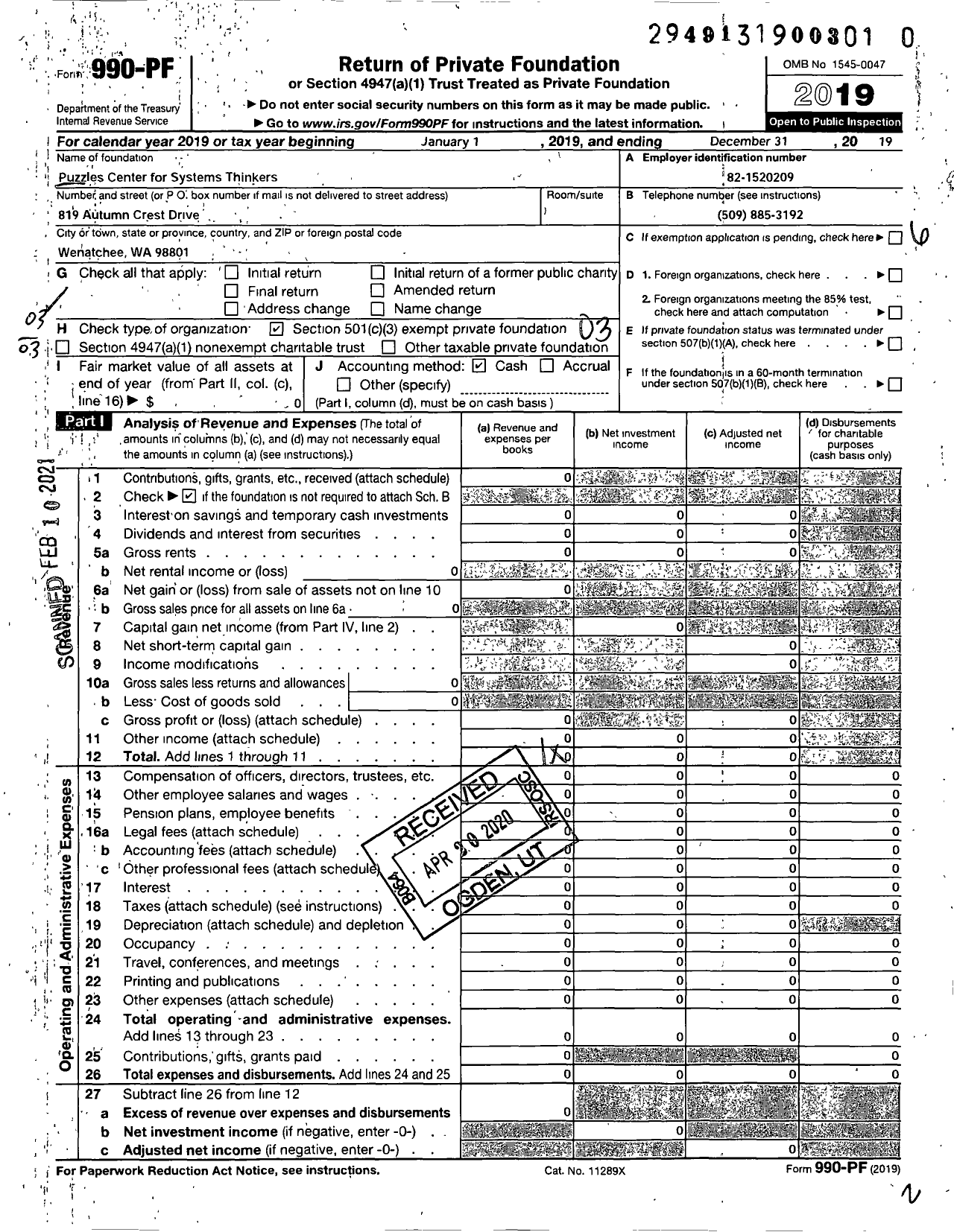 Image of first page of 2019 Form 990PF for Puzzles Center for Systems Thinkers