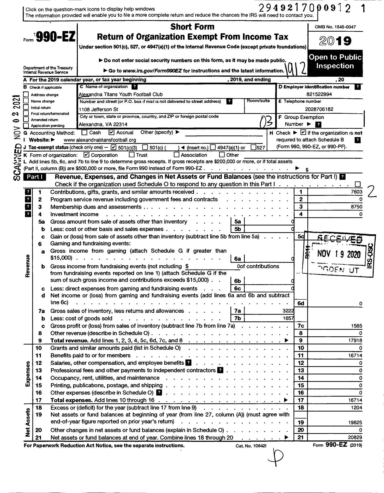 Image of first page of 2019 Form 990EZ for Alexandria Titans Youth Football Club