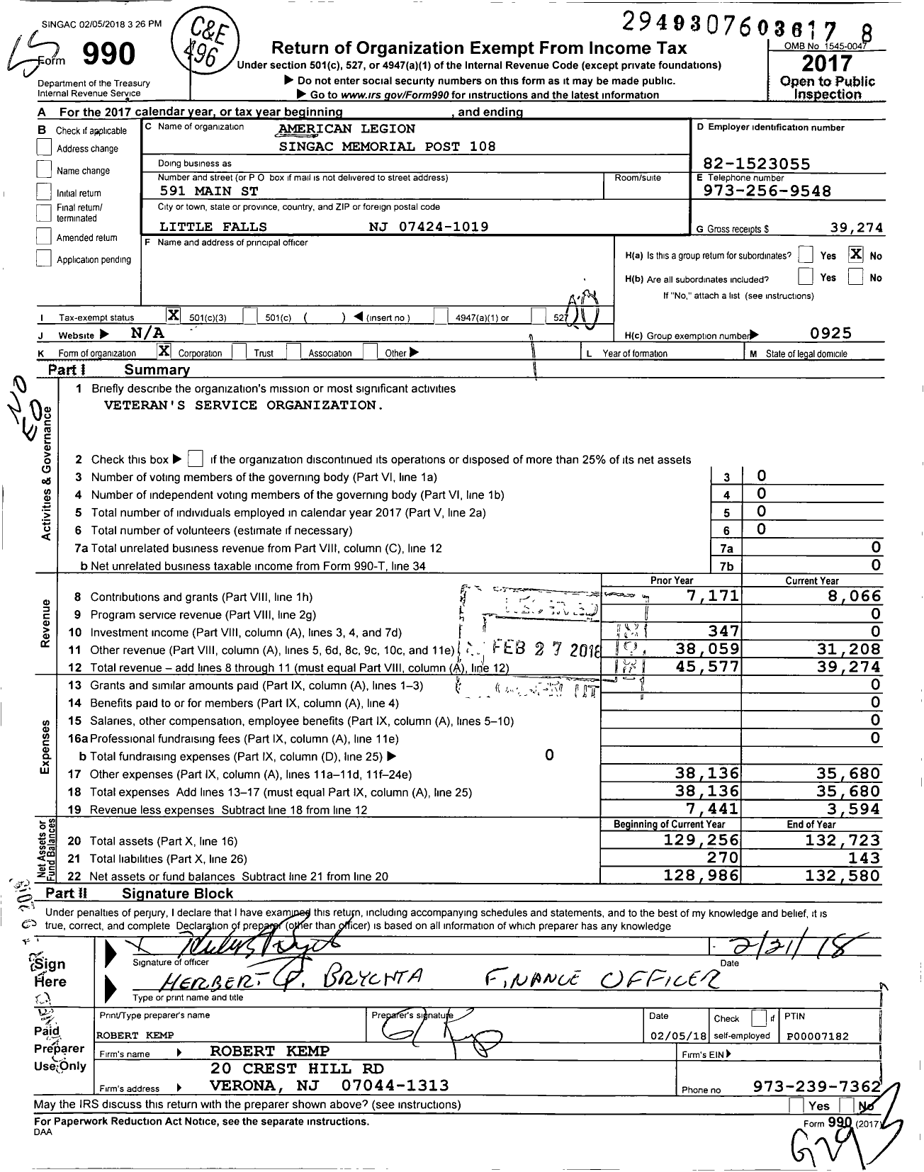 Image of first page of 2017 Form 990O for American Legion Singac Memorial Post 108 / 0108 Singac Memorial Inc