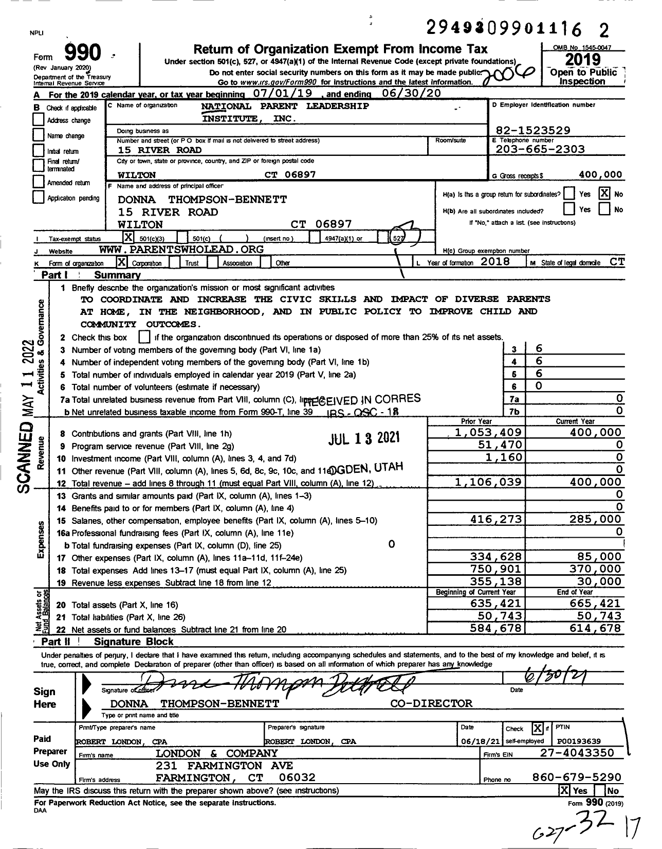 Image of first page of 2019 Form 990 for National Parent Leadership Institute