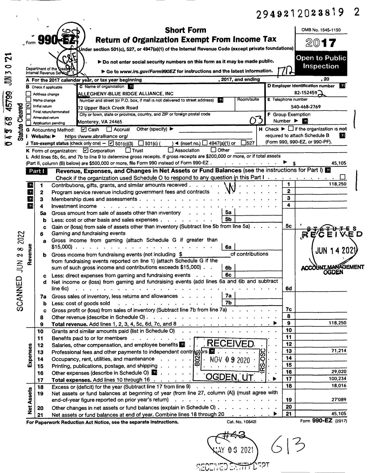 Image of first page of 2017 Form 990EZ for Allegheny-Blue Ridge Alliance