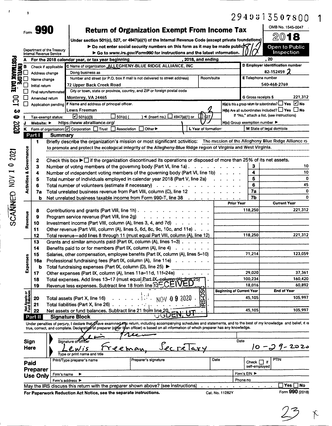 Image of first page of 2018 Form 990 for Allegheny-Blue Ridge Alliance