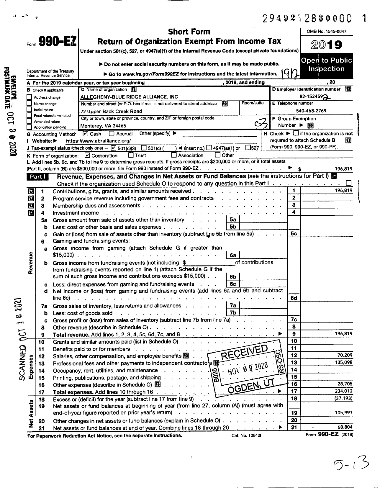 Image of first page of 2019 Form 990EZ for Allegheny-Blue Ridge Alliance