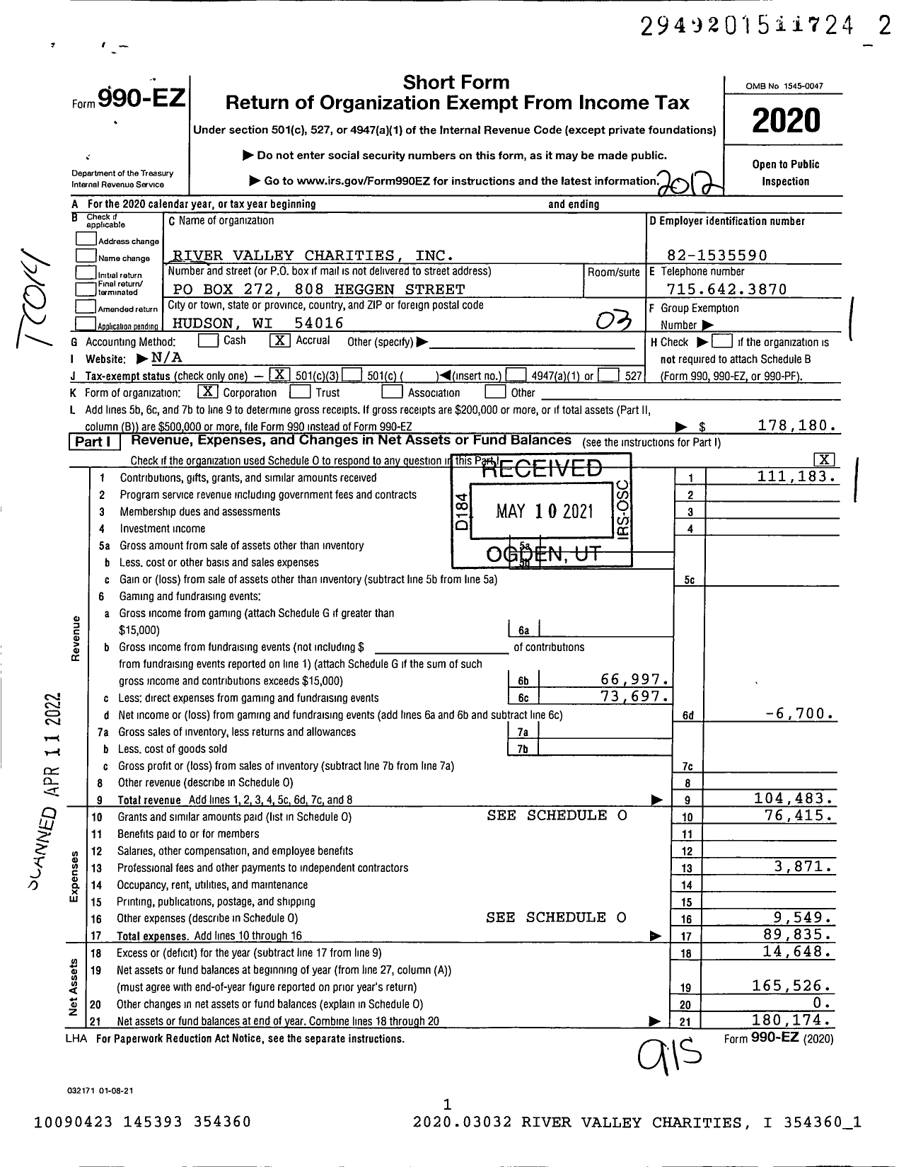 Image of first page of 2020 Form 990EZ for River Valley Charities