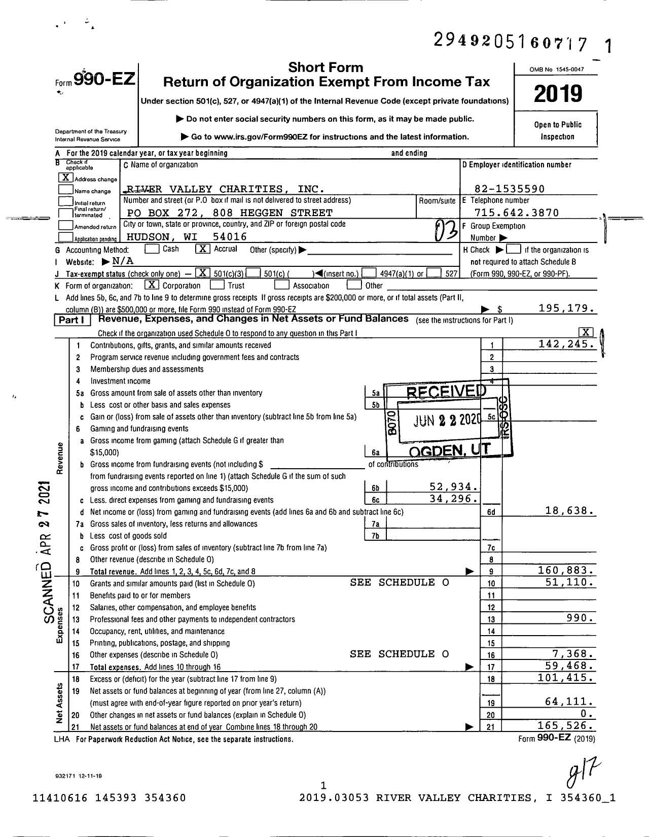 Image of first page of 2019 Form 990EZ for River Valley Charities