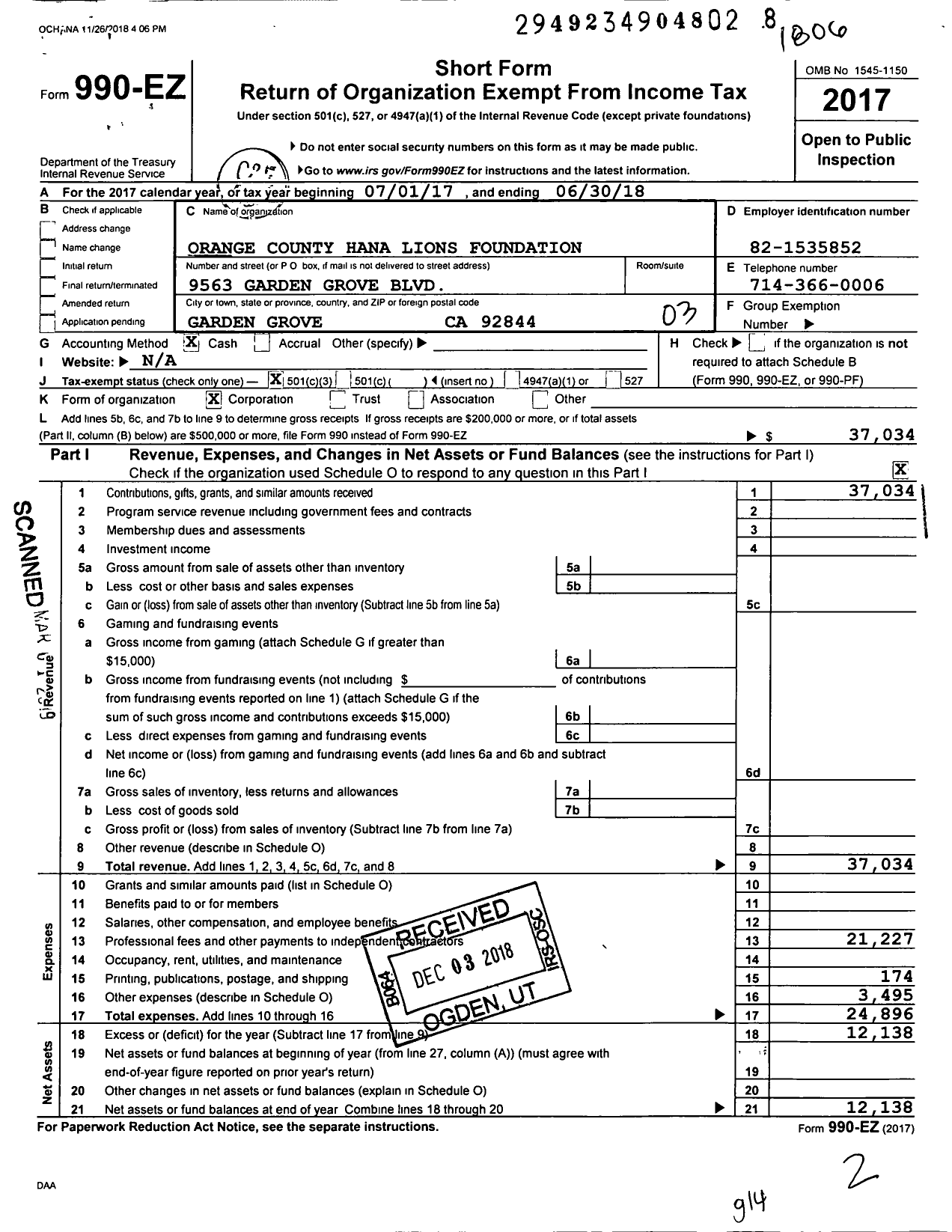 Image of first page of 2017 Form 990EZ for Orange County Hana Lions Foundation