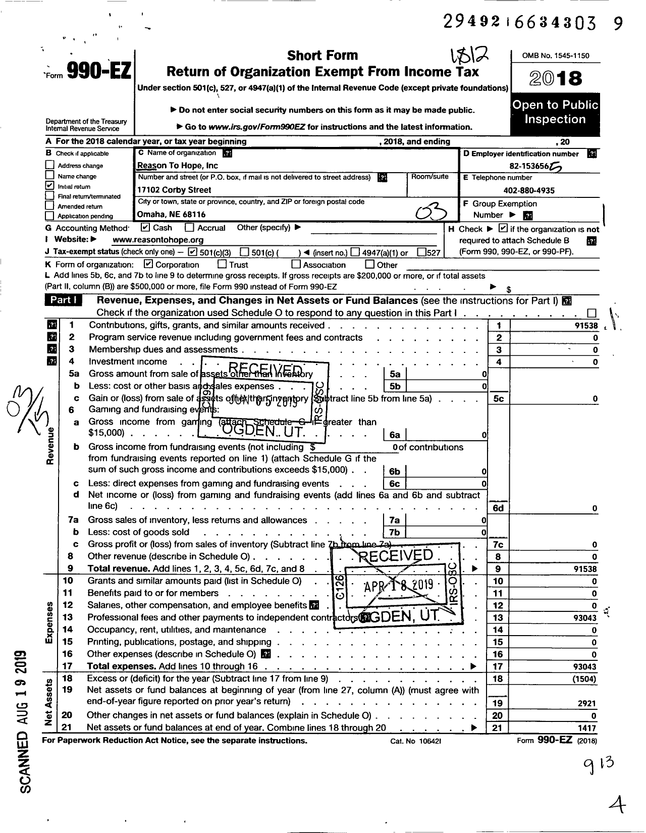 Image of first page of 2018 Form 990EZ for Reason To Hope