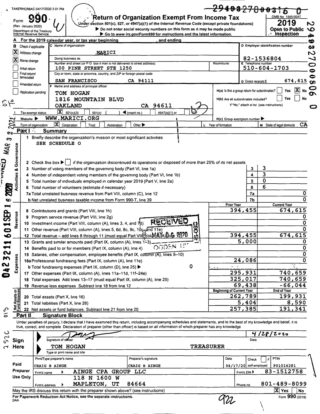 Image of first page of 2019 Form 990 for Marici