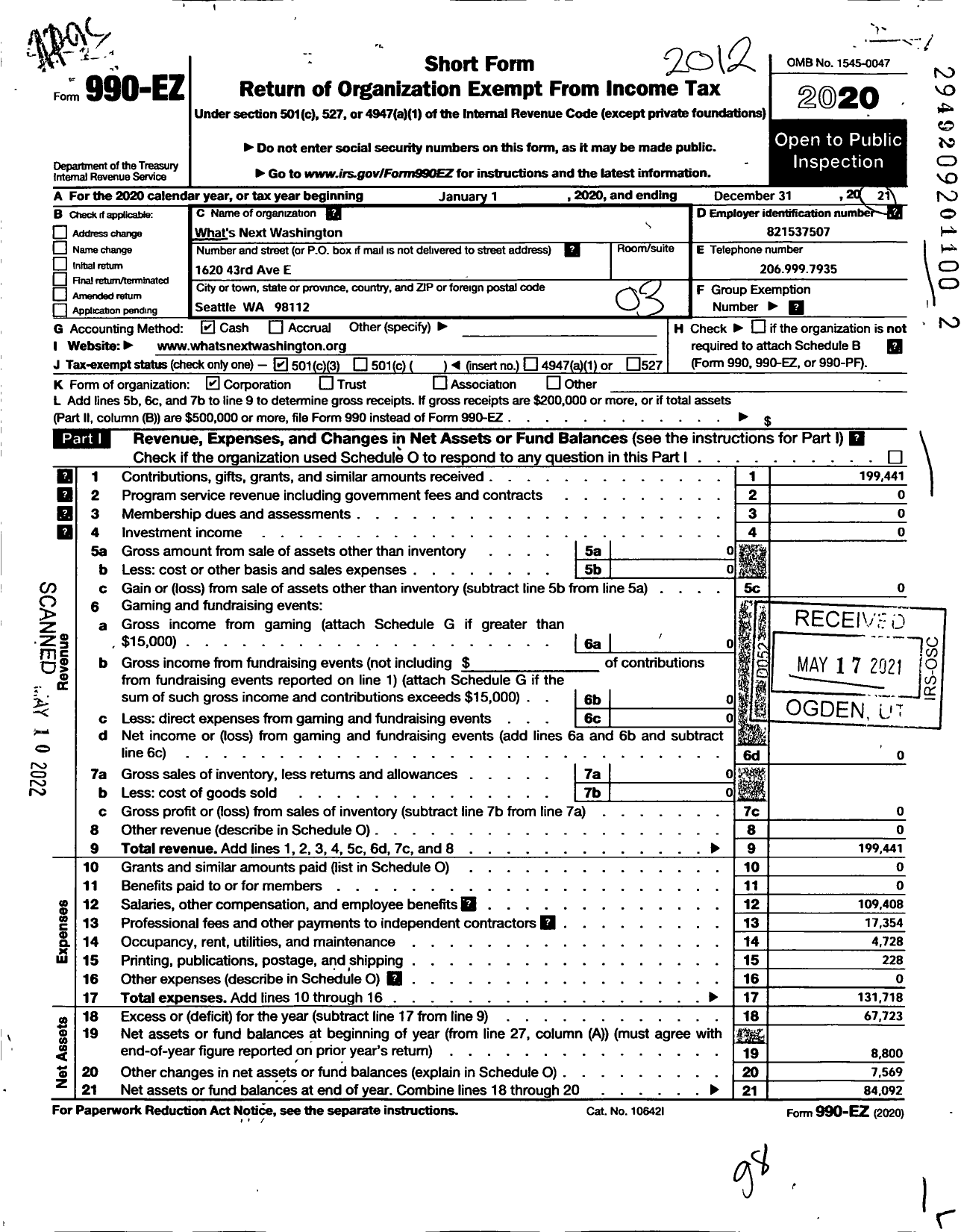 Image of first page of 2020 Form 990EZ for What's Next Washington